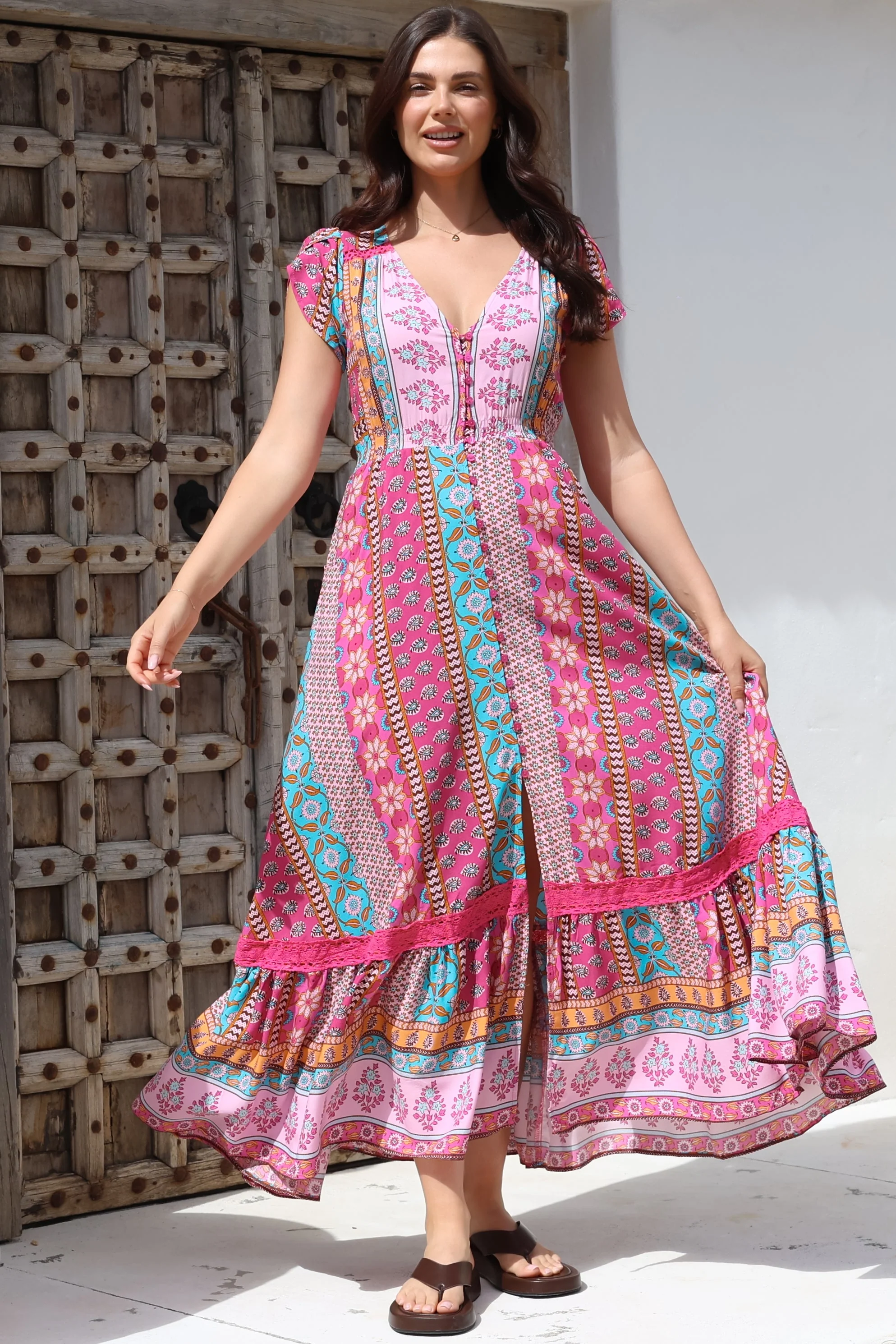 JAASE - Carmen Maxi Dress: Butterfly Cap Sleeve Button Down A Line Dress with Lace Trim in Cedella Print - Image 2