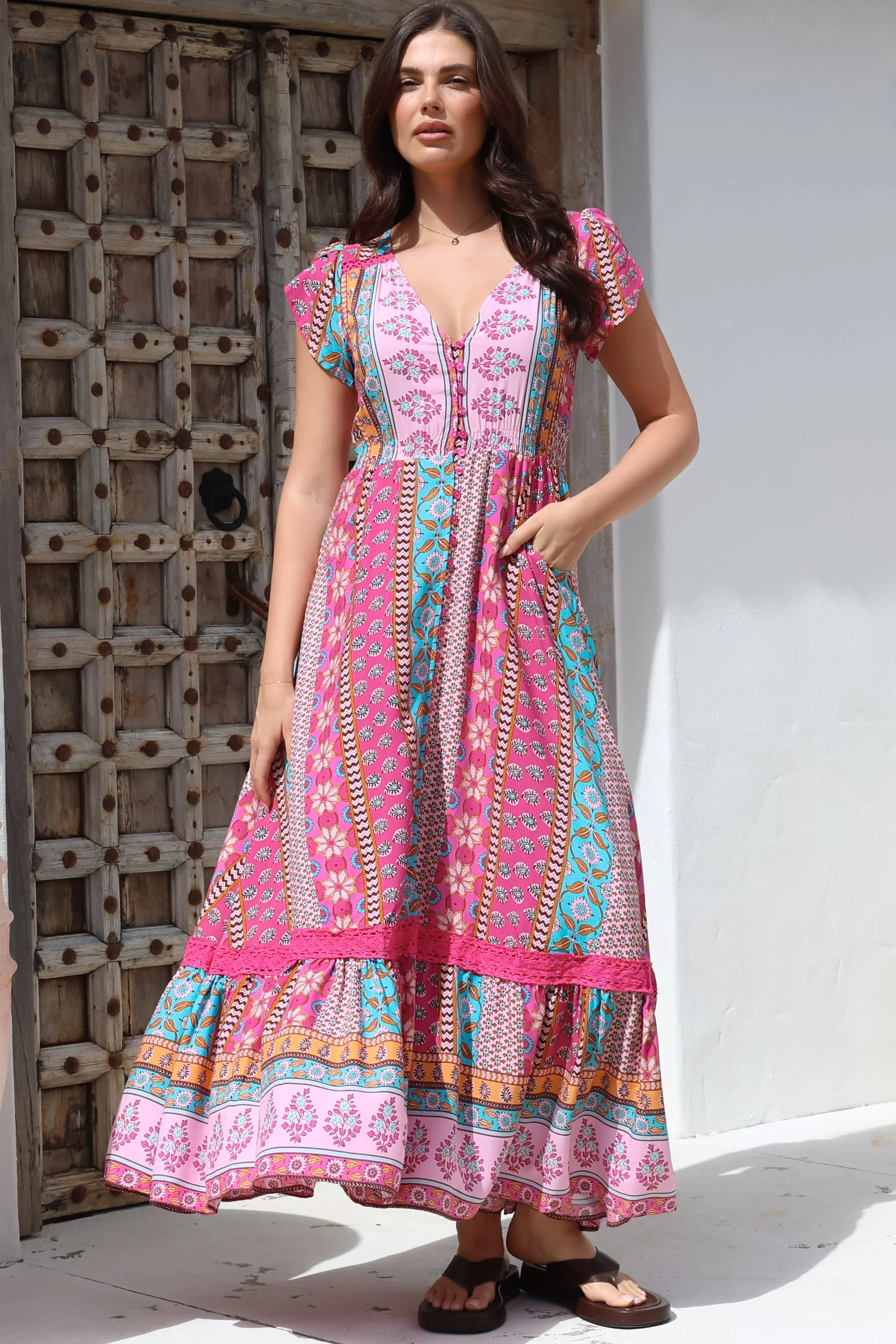 JAASE - Carmen Maxi Dress: Butterfly Cap Sleeve Button Down A Line Dress with Lace Trim in Cedella Print - Image 3