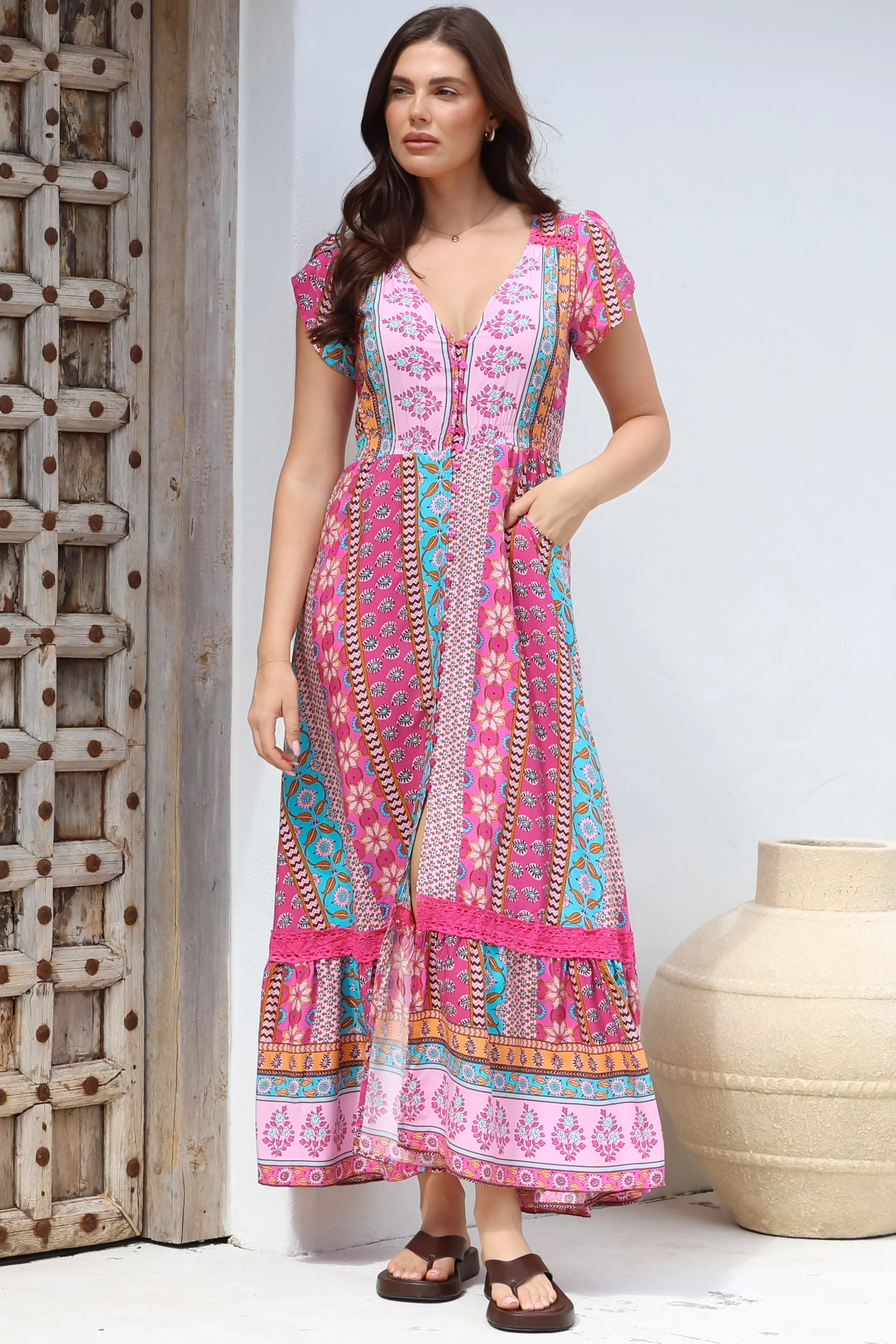 JAASE - Carmen Maxi Dress: Butterfly Cap Sleeve Button Down A Line Dress with Lace Trim in Cedella Print - Image 4