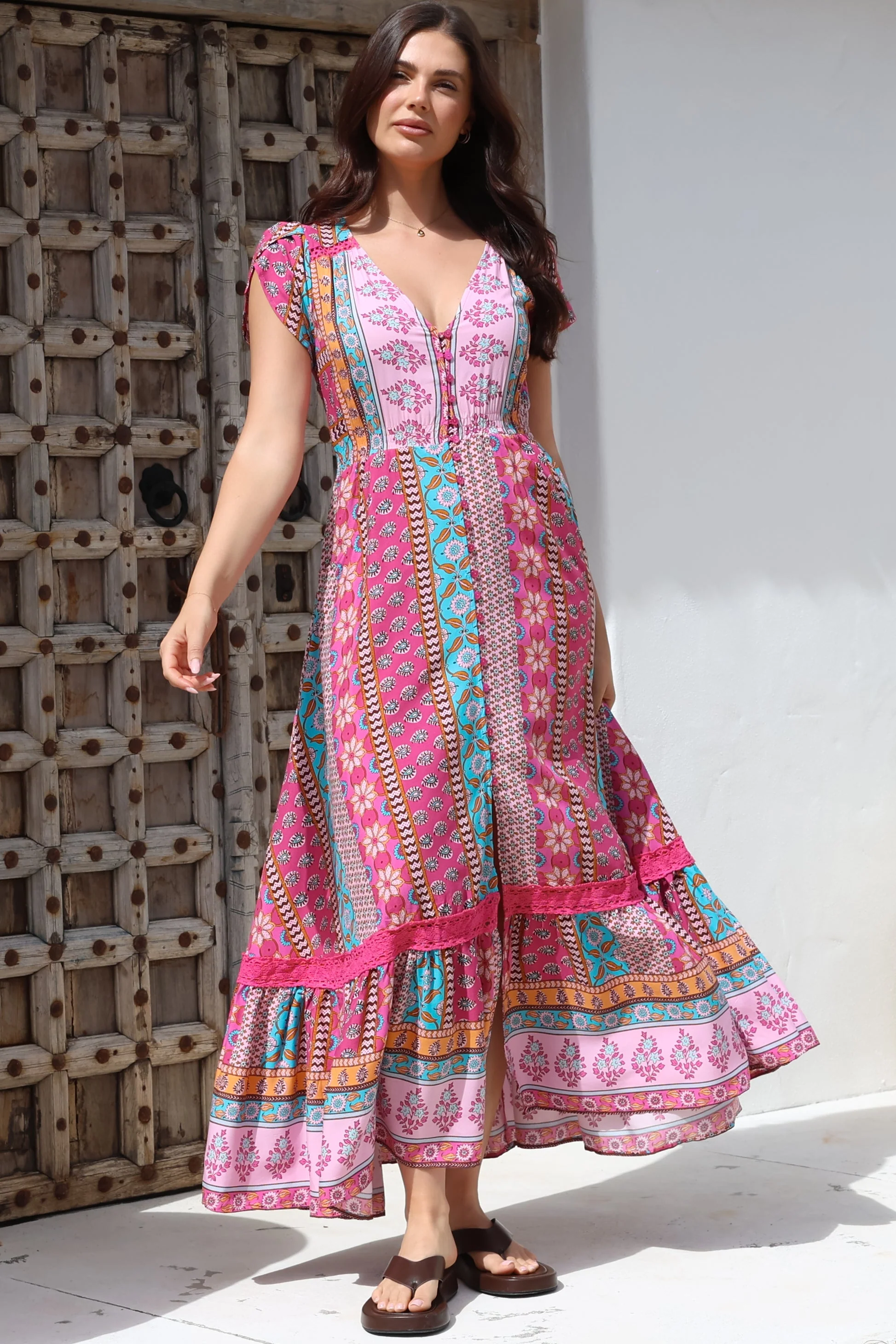 JAASE - Carmen Maxi Dress: Butterfly Cap Sleeve Button Down A Line Dress with Lace Trim in Cedella Print - Image 5