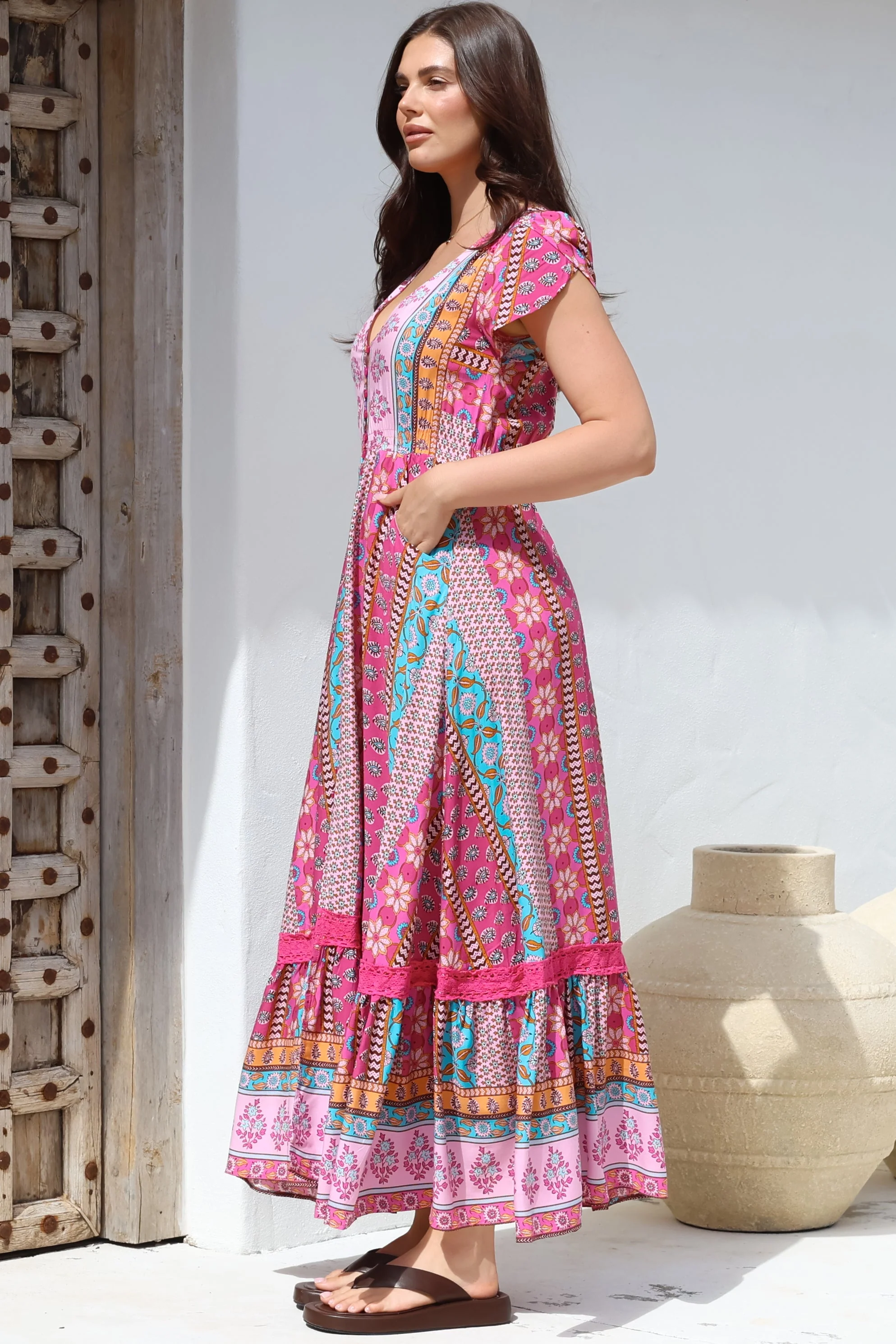 JAASE - Carmen Maxi Dress: Butterfly Cap Sleeve Button Down A Line Dress with Lace Trim in Cedella Print - Image 6