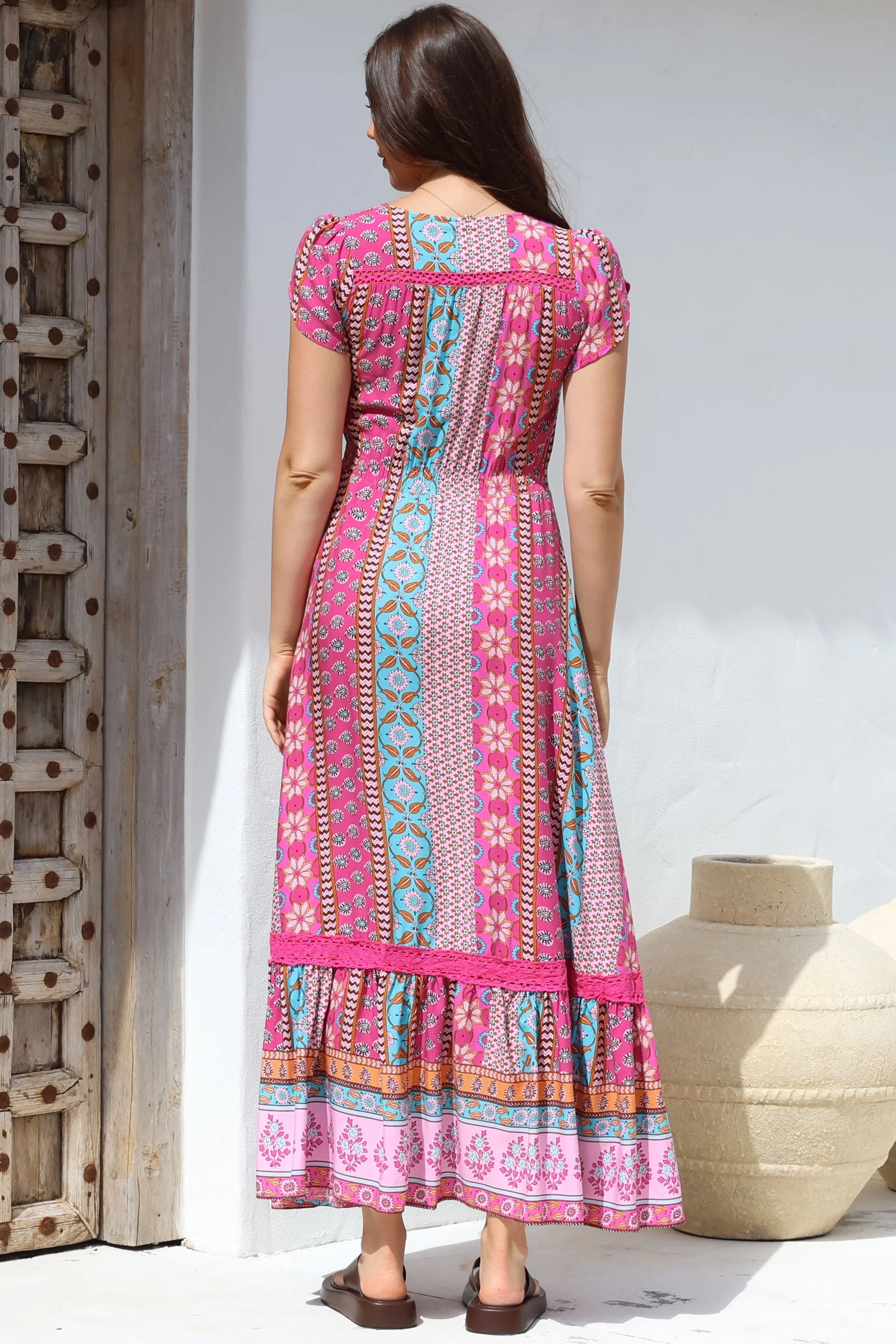 JAASE - Carmen Maxi Dress: Butterfly Cap Sleeve Button Down A Line Dress with Lace Trim in Cedella Print - Image 7