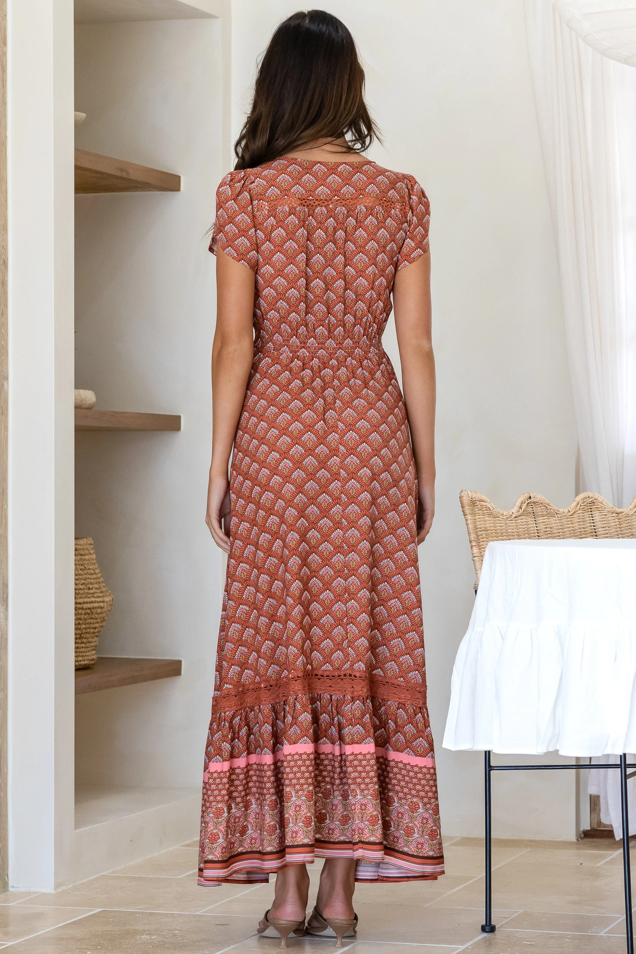JAASE - Carmen Maxi Dress: Butterfly Cap Sleeve Button Down A Line Dress with Lace Trim in Coral Eden Print - Image 10