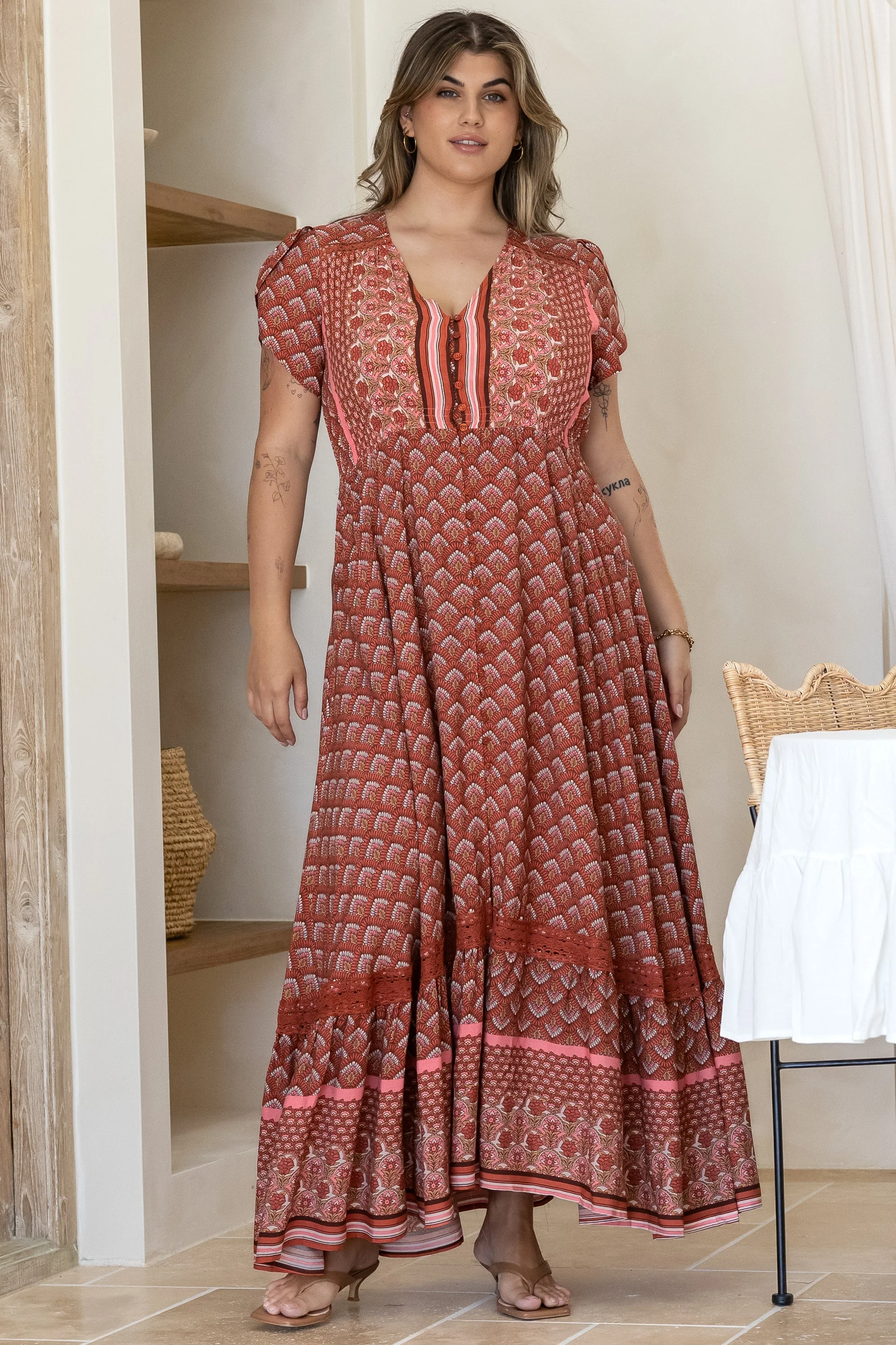 JAASE - Carmen Maxi Dress: Butterfly Cap Sleeve Button Down A Line Dress with Lace Trim in Coral Eden Print - Image 3