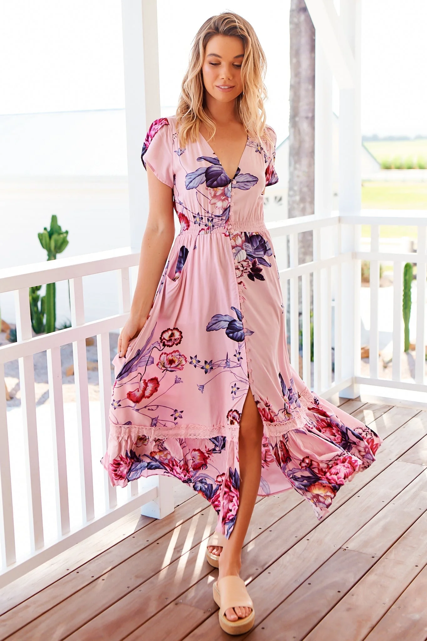 JAASE - Carmen Maxi Dress: Butterfly Cap Sleeve Button Down A Line Dress with Lace Trim in Dahlia Print - Image 2