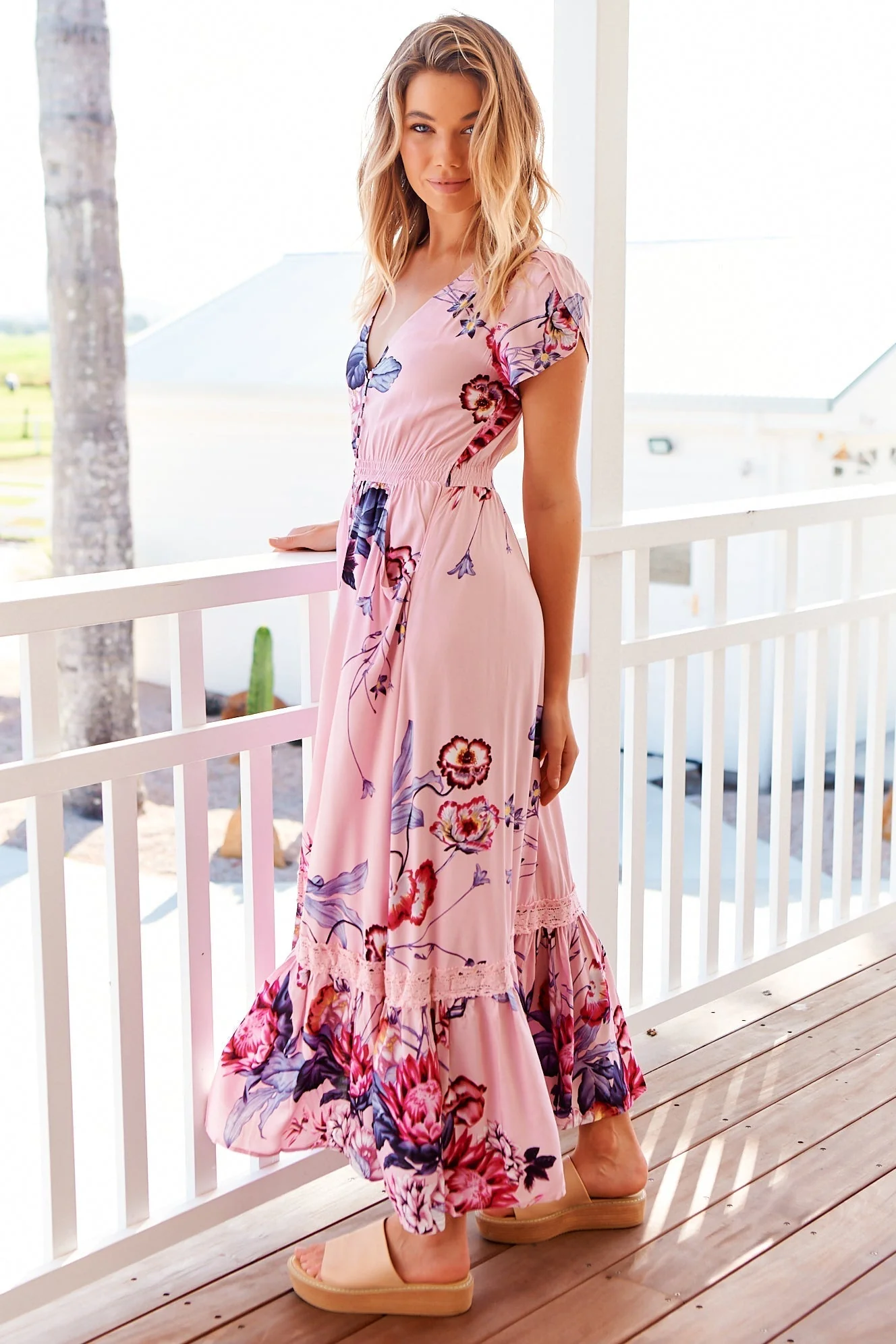 JAASE - Carmen Maxi Dress: Butterfly Cap Sleeve Button Down A Line Dress with Lace Trim in Dahlia Print - Image 5