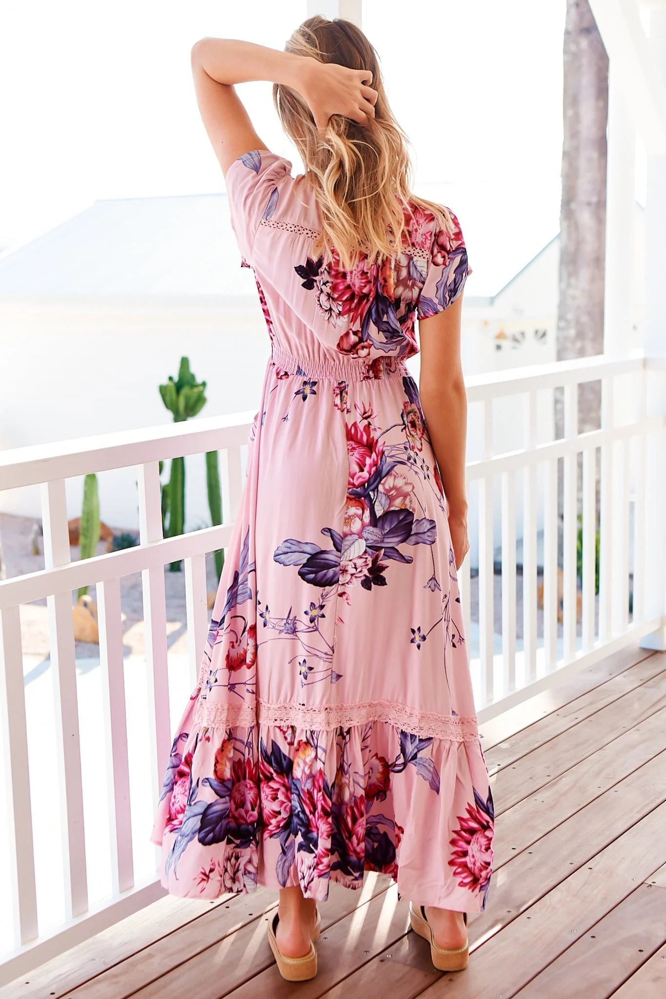 JAASE - Carmen Maxi Dress: Butterfly Cap Sleeve Button Down A Line Dress with Lace Trim in Dahlia Print - Image 6