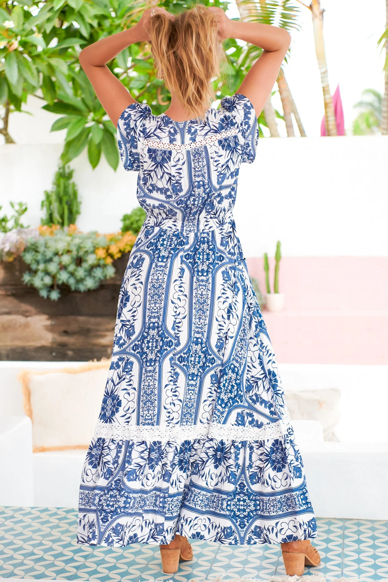 JAASE - Carmen Maxi Dress: Butterfly Cap Sleeve Button Down A Line Dress with Lace Trim in Denim Dreams Print - Image 6