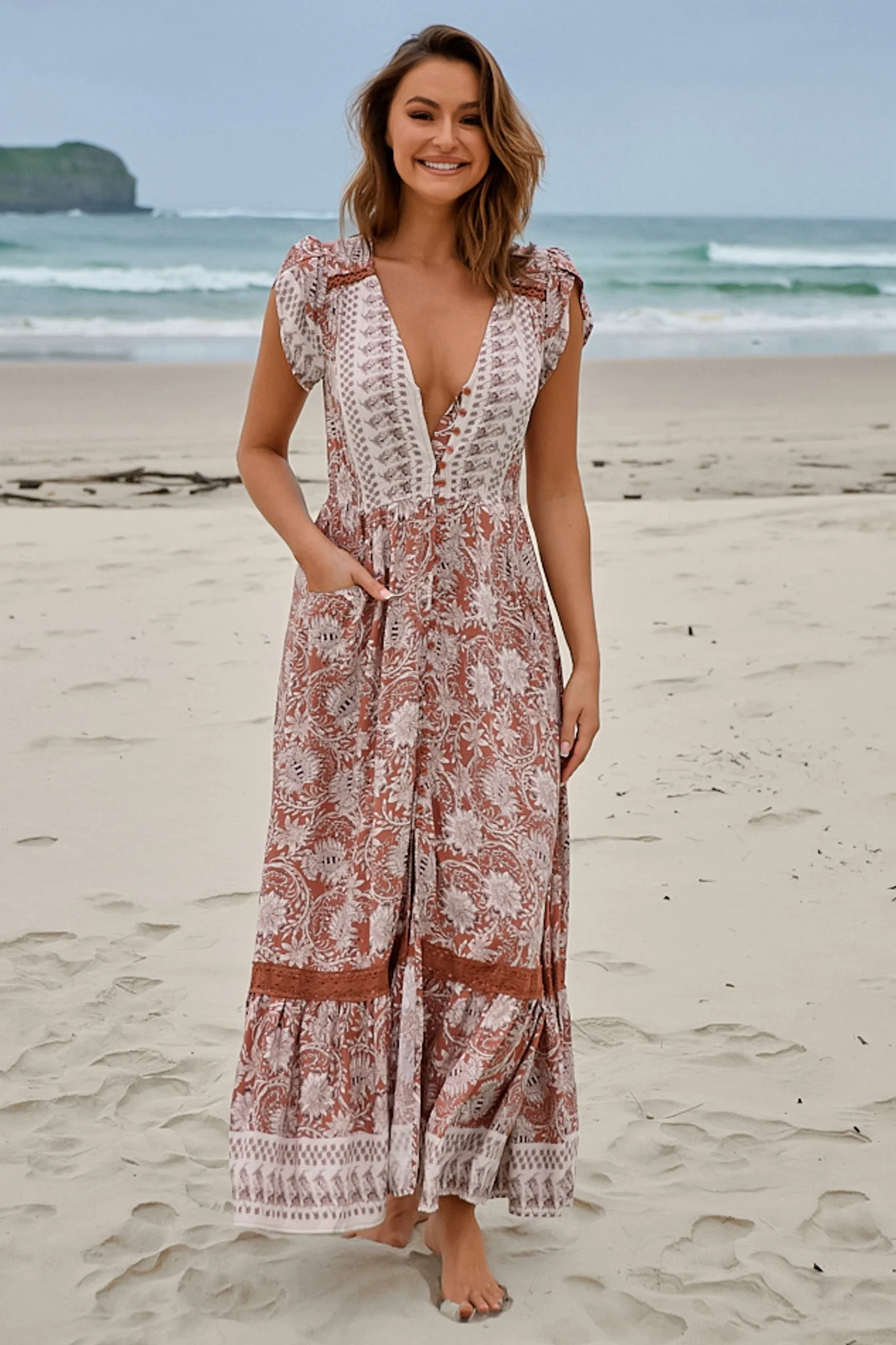 JAASE - Carmen Maxi Dress: Butterfly Cap Sleeve Button Down A Line Dress with Lace Trim in Indah Print - Image 10