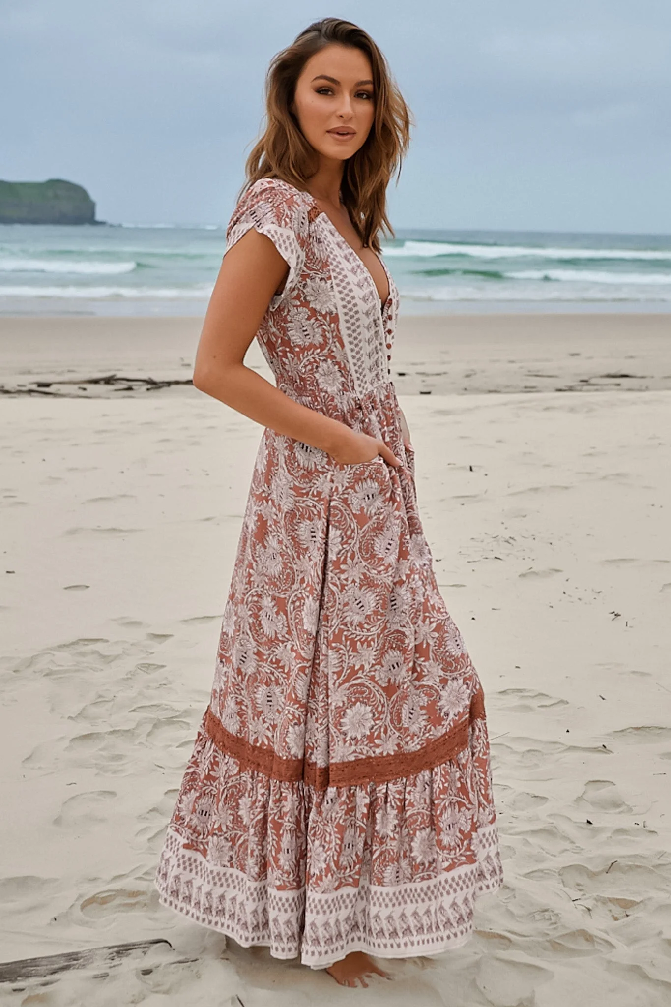 JAASE - Carmen Maxi Dress: Butterfly Cap Sleeve Button Down A Line Dress with Lace Trim in Indah Print - Image 13