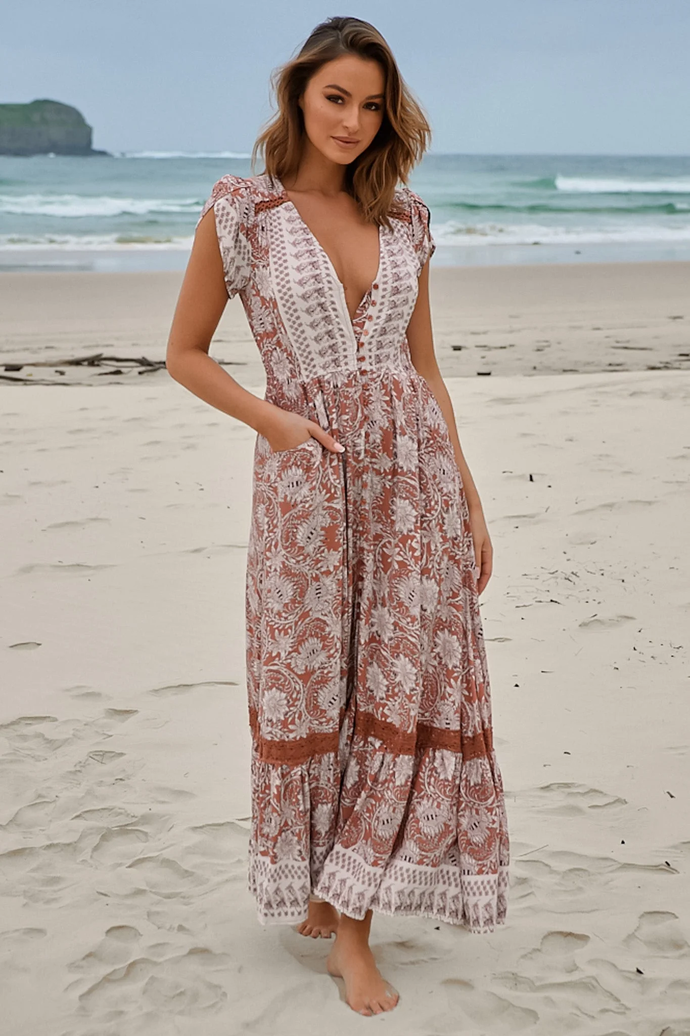 JAASE - Carmen Maxi Dress: Butterfly Cap Sleeve Button Down A Line Dress with Lace Trim in Indah Print - Image 14