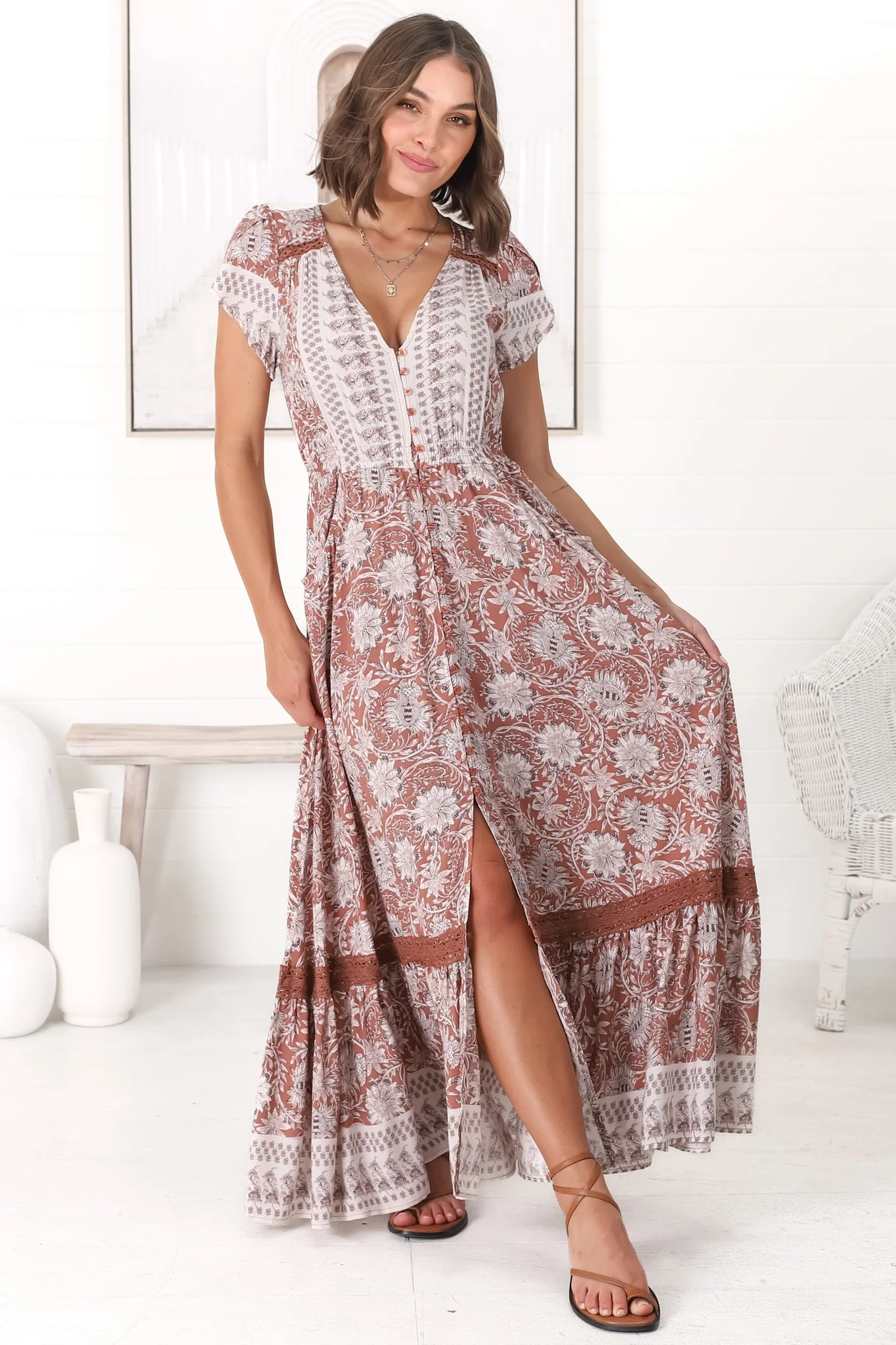 JAASE - Carmen Maxi Dress: Butterfly Cap Sleeve Button Down A Line Dress with Lace Trim in Indah Print - Image 15