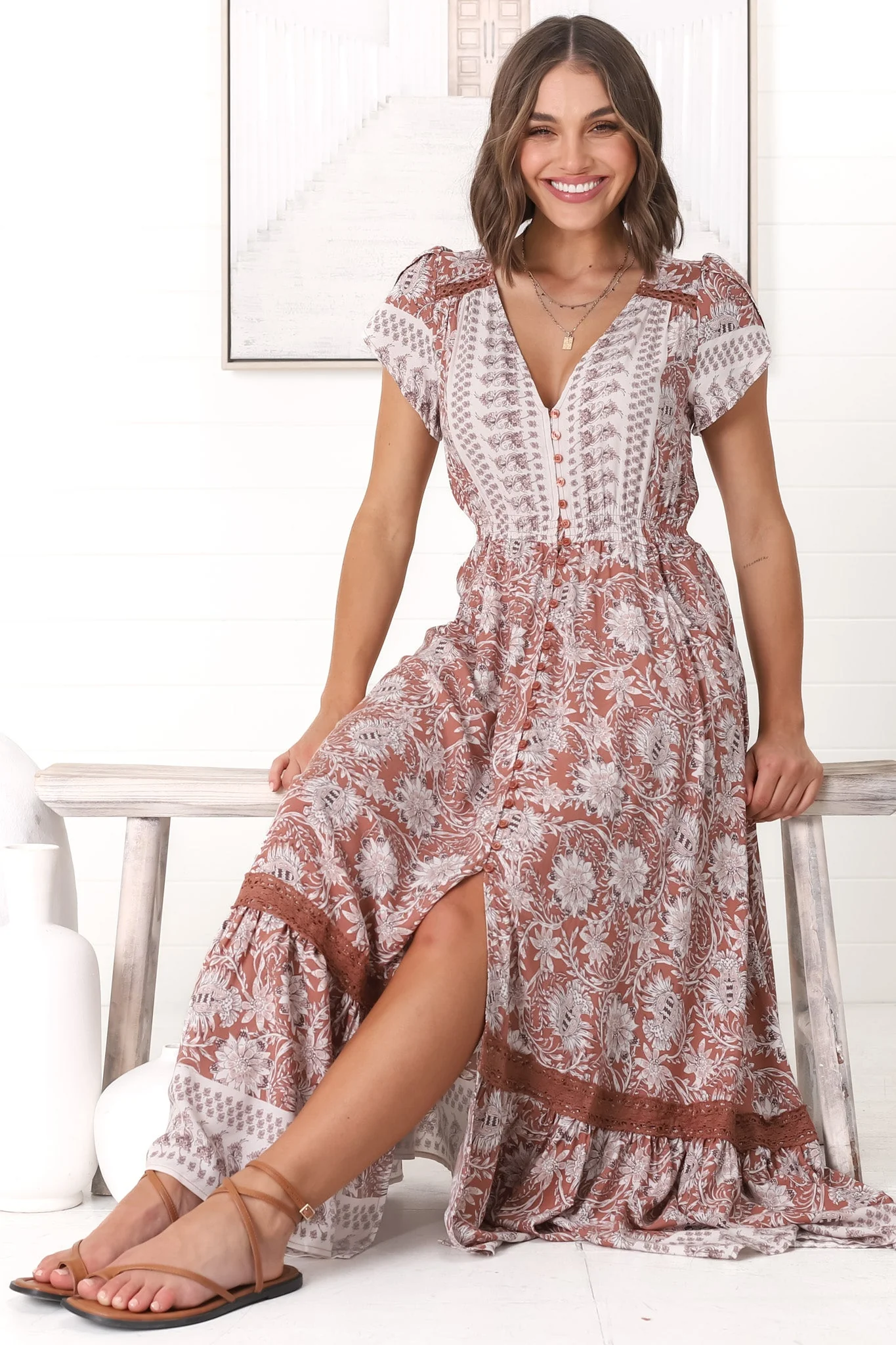 JAASE - Carmen Maxi Dress: Butterfly Cap Sleeve Button Down A Line Dress with Lace Trim in Indah Print - Image 16