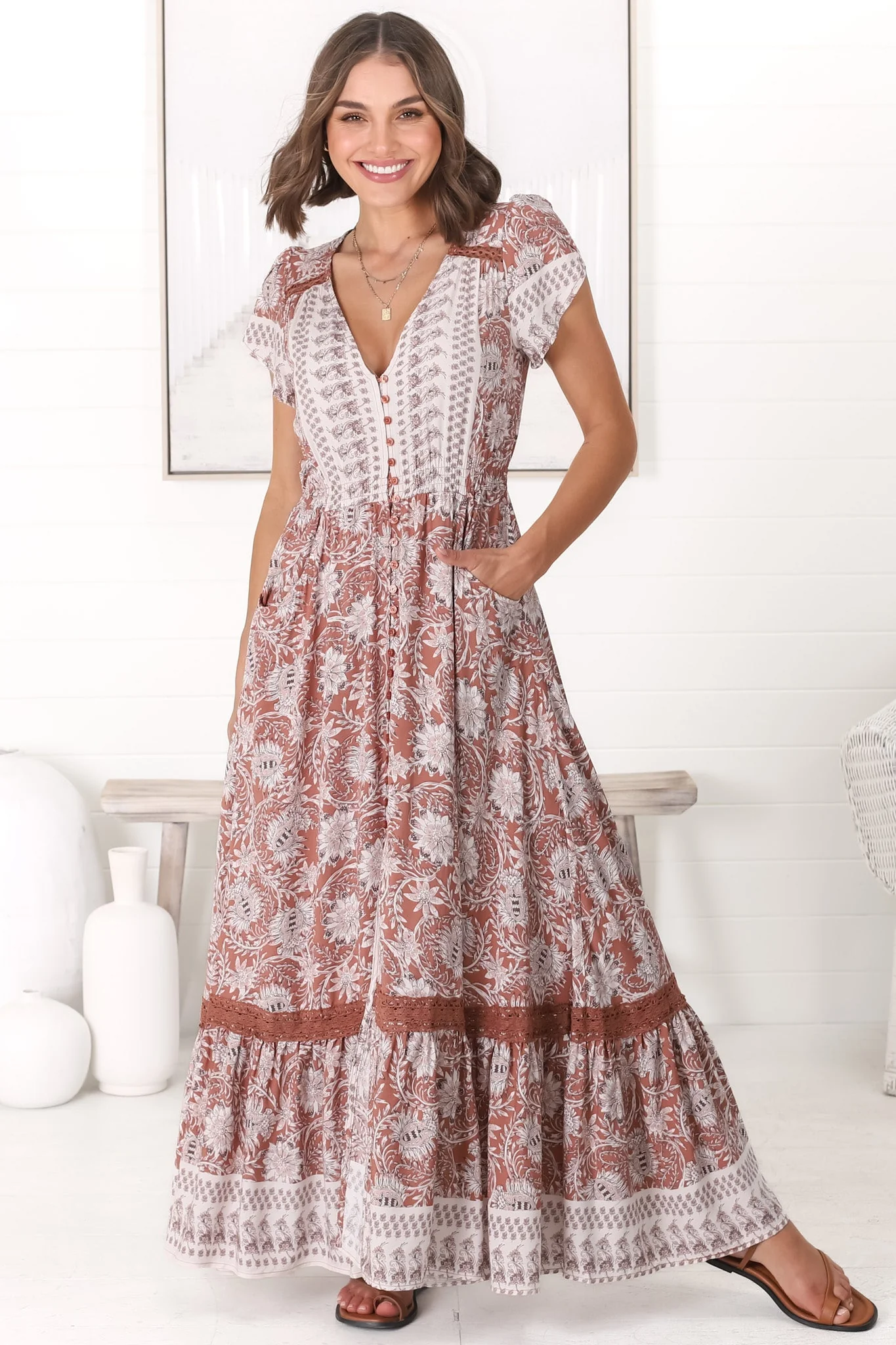 JAASE - Carmen Maxi Dress: Butterfly Cap Sleeve Button Down A Line Dress with Lace Trim in Indah Print - Image 18