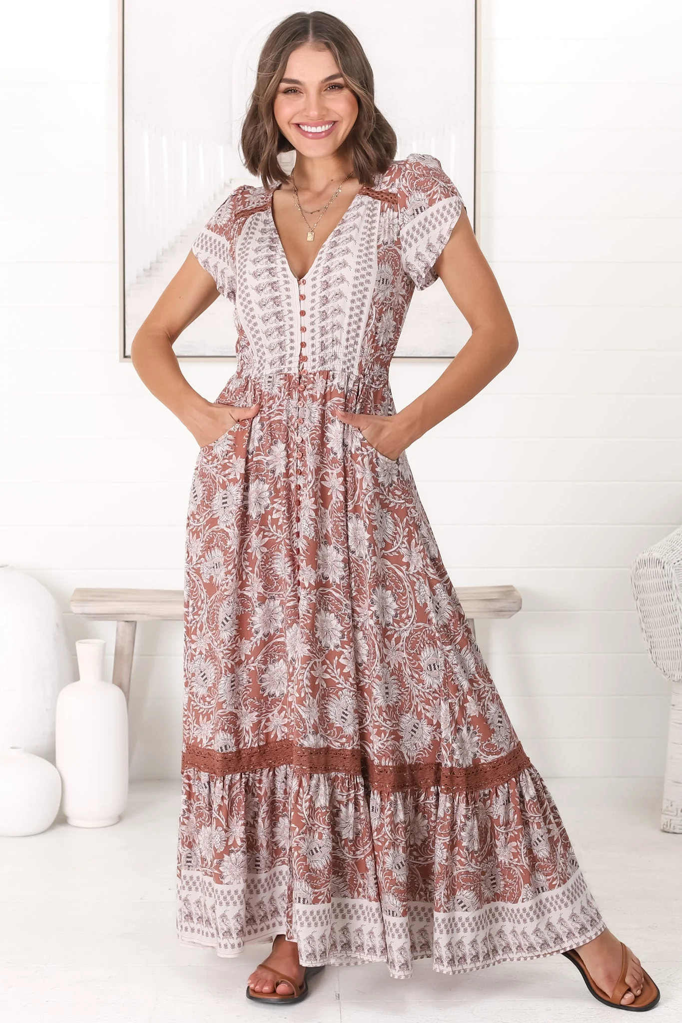 JAASE - Carmen Maxi Dress: Butterfly Cap Sleeve Button Down A Line Dress with Lace Trim in Indah Print - Image 19