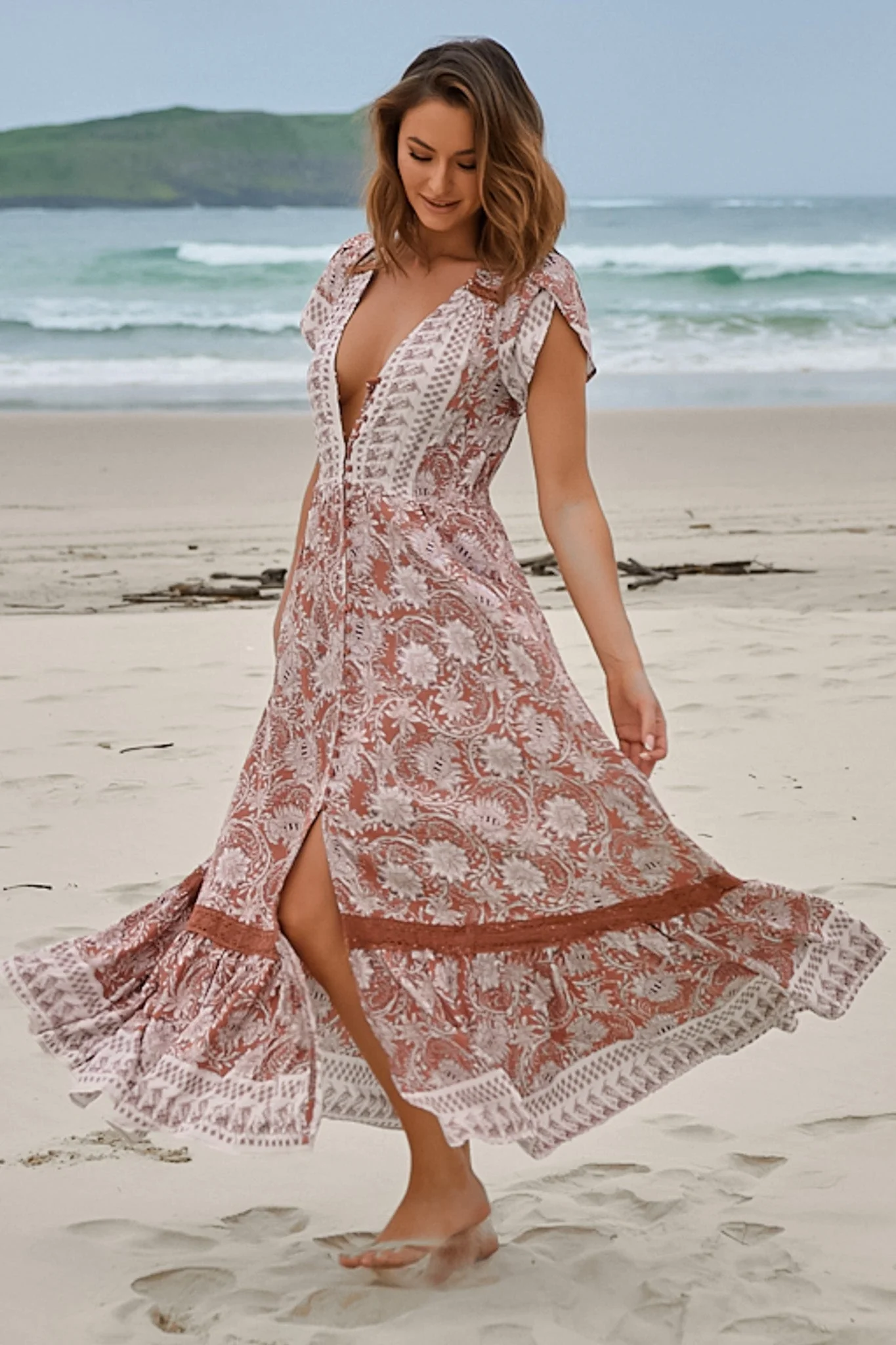 JAASE - Carmen Maxi Dress: Butterfly Cap Sleeve Button Down A Line Dress with Lace Trim in Indah Print - Image 2