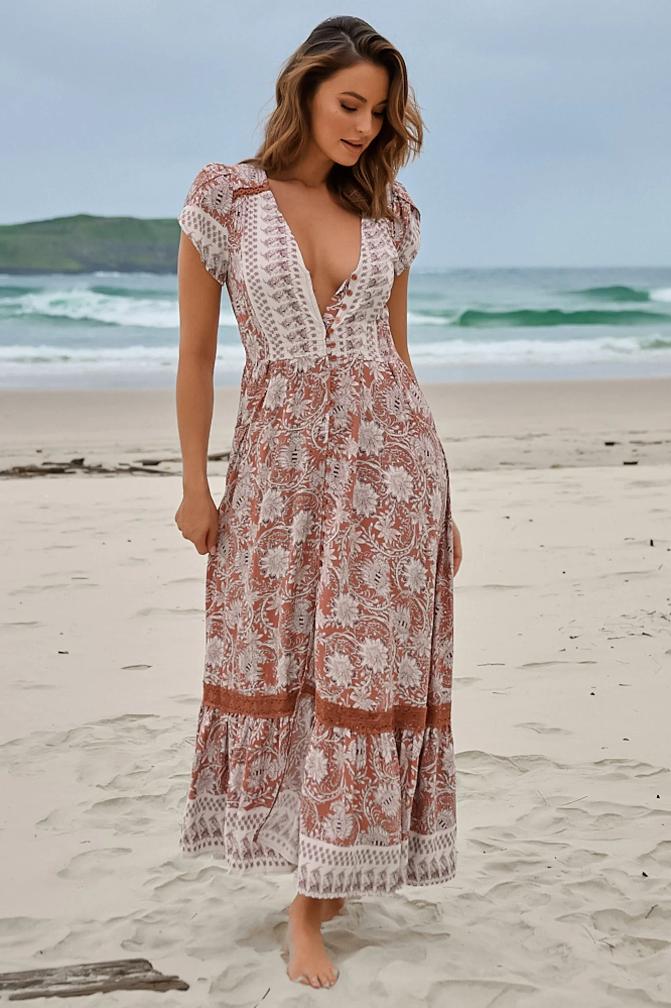 JAASE - Carmen Maxi Dress: Butterfly Cap Sleeve Button Down A Line Dress with Lace Trim in Indah Print - Image 3