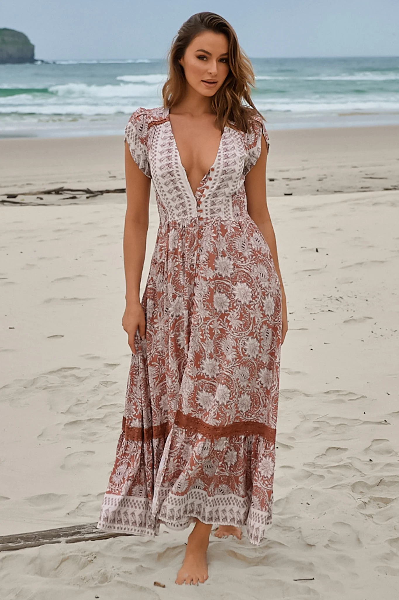 JAASE - Carmen Maxi Dress: Butterfly Cap Sleeve Button Down A Line Dress with Lace Trim in Indah Print - Image 4