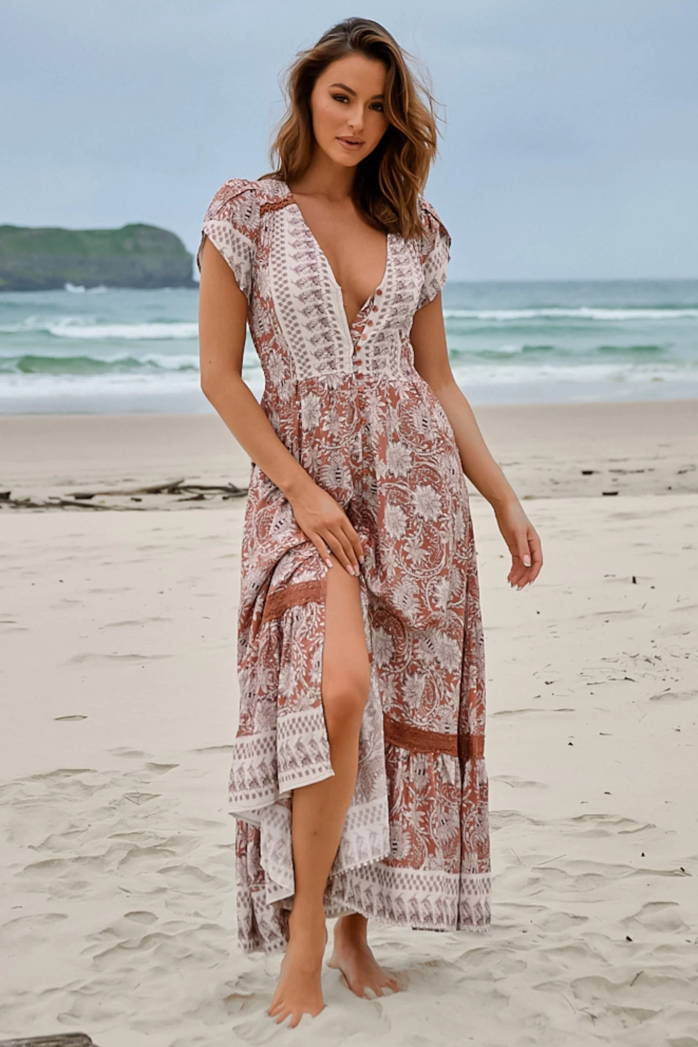 JAASE - Carmen Maxi Dress: Butterfly Cap Sleeve Button Down A Line Dress with Lace Trim in Indah Print - Image 5