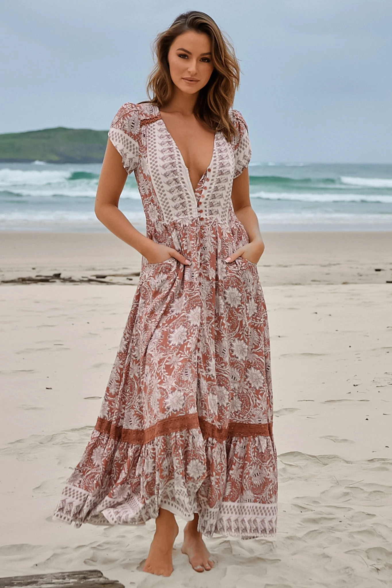 JAASE - Carmen Maxi Dress: Butterfly Cap Sleeve Button Down A Line Dress with Lace Trim in Indah Print - Image 6