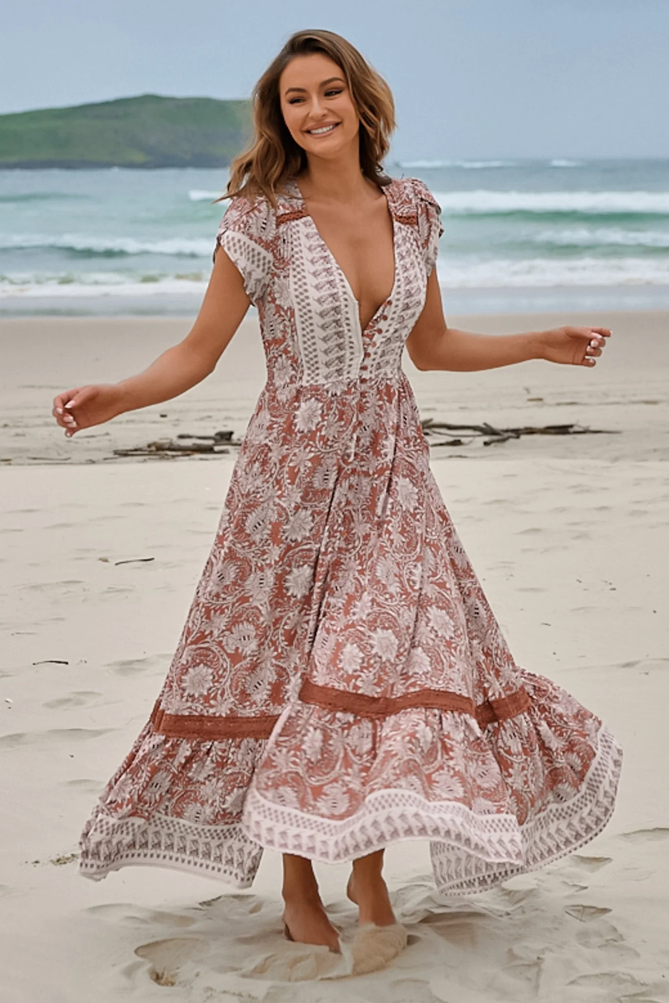 JAASE - Carmen Maxi Dress: Butterfly Cap Sleeve Button Down A Line Dress with Lace Trim in Indah Print - Image 7