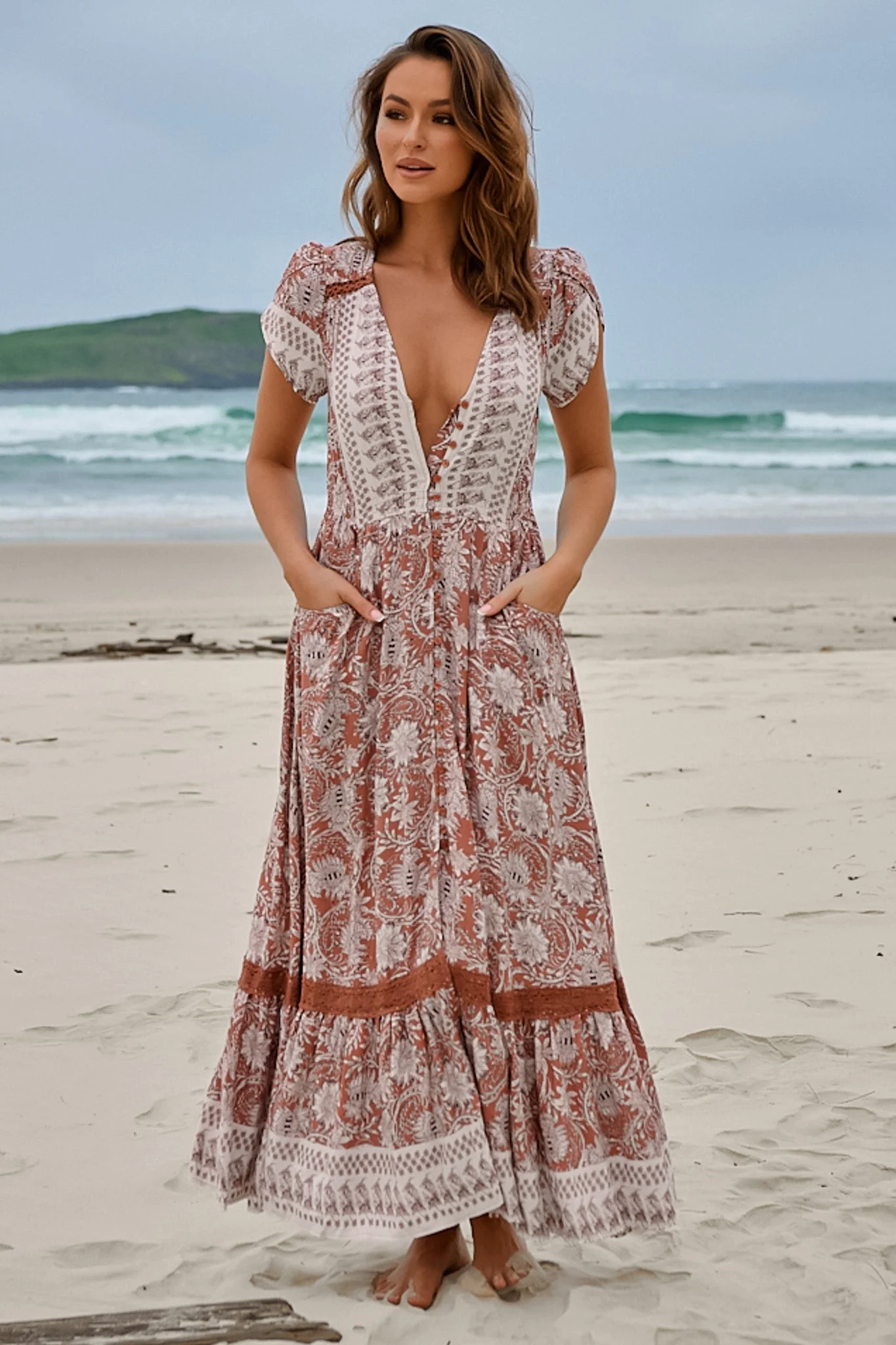 JAASE - Carmen Maxi Dress: Butterfly Cap Sleeve Button Down A Line Dress with Lace Trim in Indah Print - Image 8
