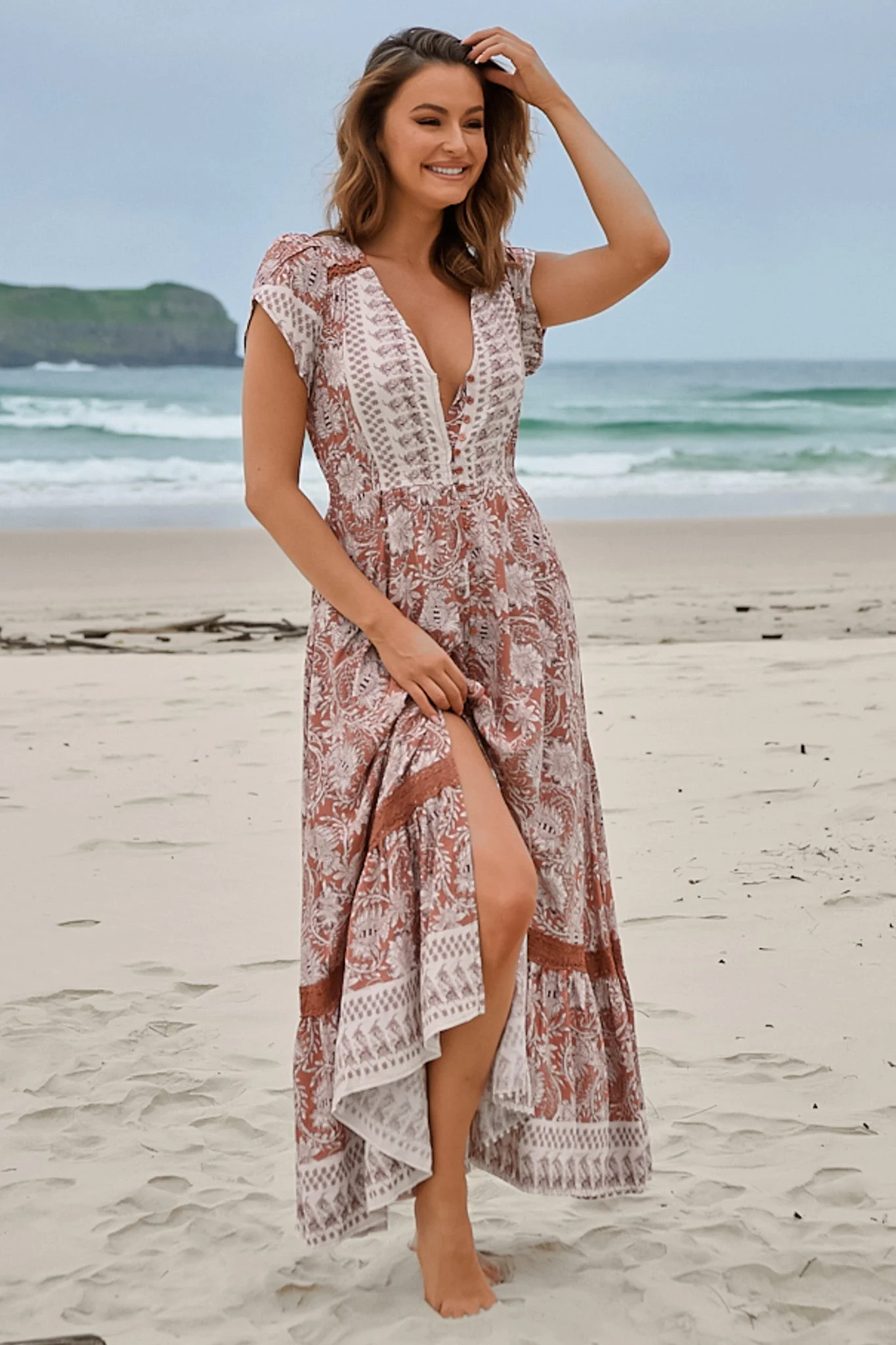 JAASE - Carmen Maxi Dress: Butterfly Cap Sleeve Button Down A Line Dress with Lace Trim in Indah Print - Image 9