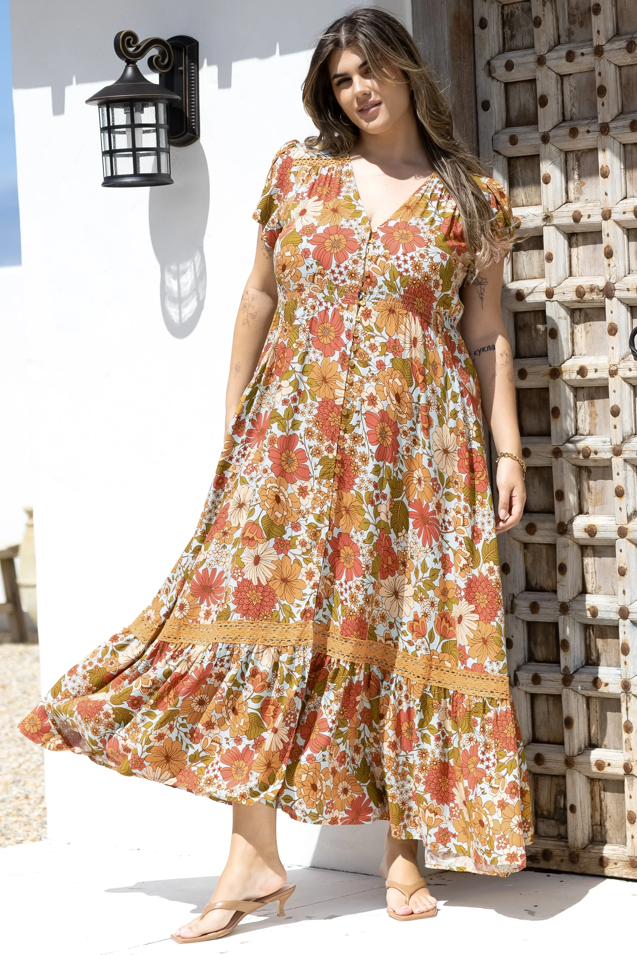 JAASE - Carmen Maxi Dress: Butterfly Cap Sleeve Button Down A Line Dress with Lace Trim in Mimosa Print - Image 2