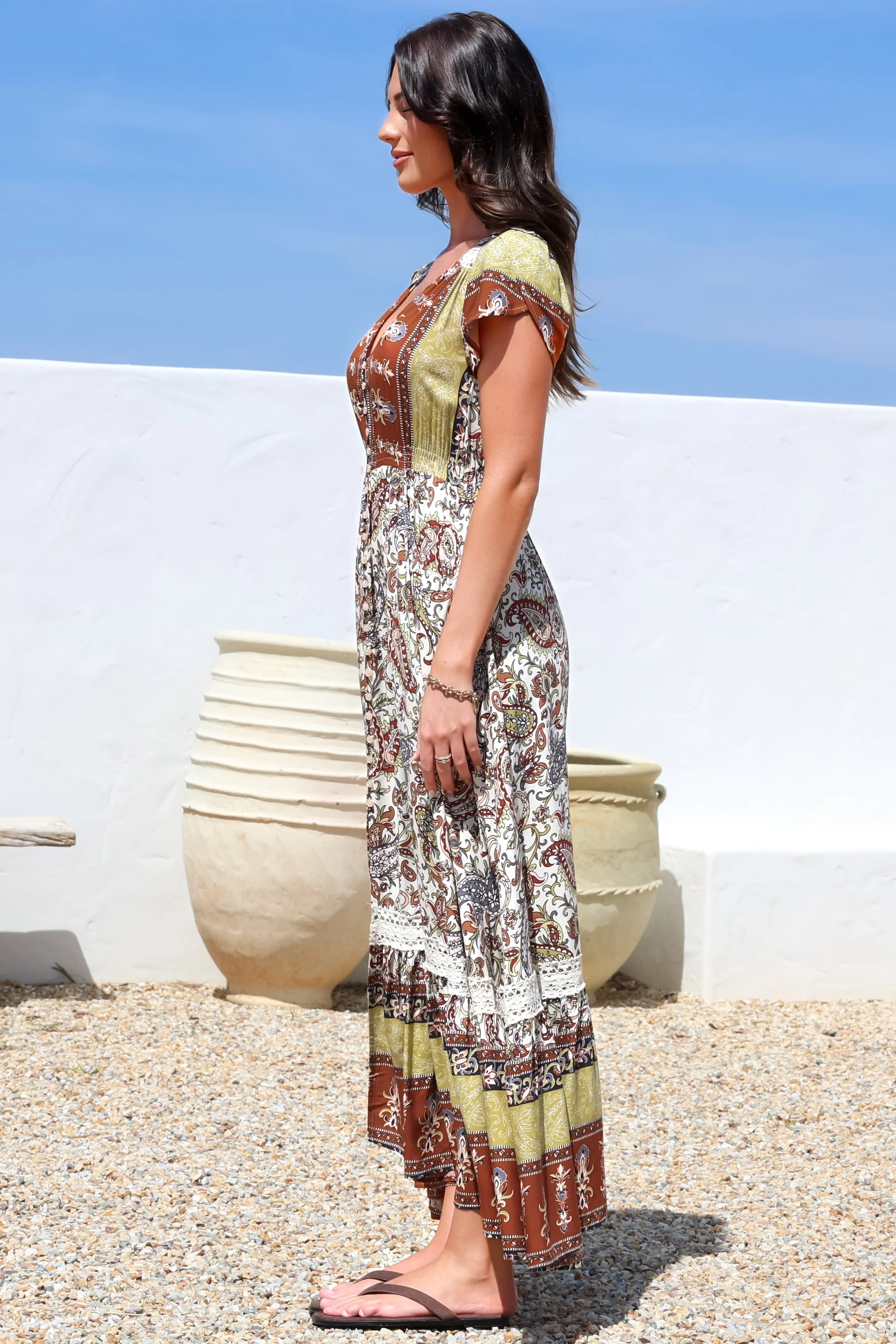JAASE - Carmen Maxi Dress: Butterfly Cap Sleeve Button Down A Line Dress with Lace Trim in Oakie Print - Image 10