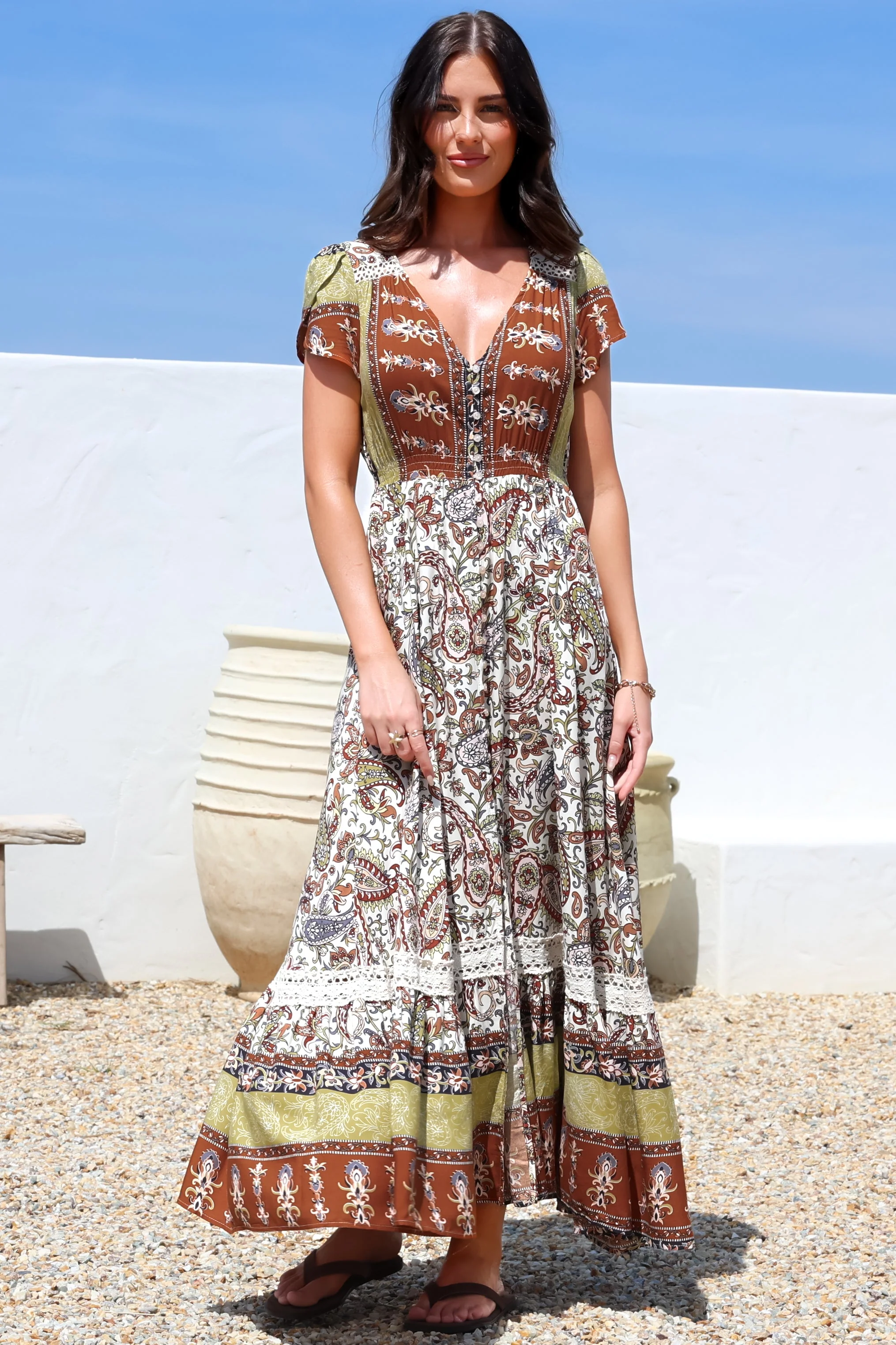 JAASE - Carmen Maxi Dress: Butterfly Cap Sleeve Button Down A Line Dress with Lace Trim in Oakie Print - Image 3