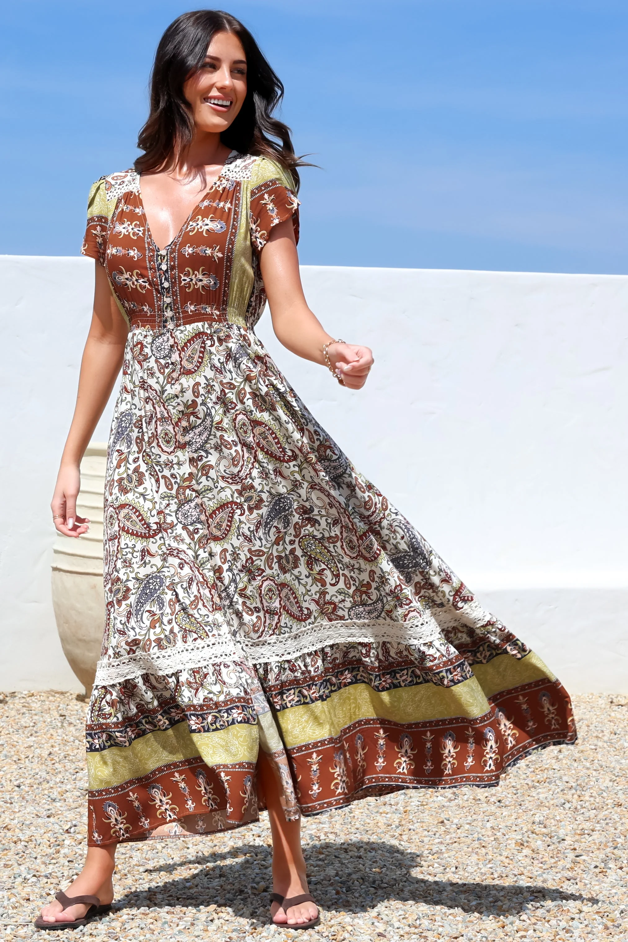 JAASE - Carmen Maxi Dress: Butterfly Cap Sleeve Button Down A Line Dress with Lace Trim in Oakie Print - Image 5