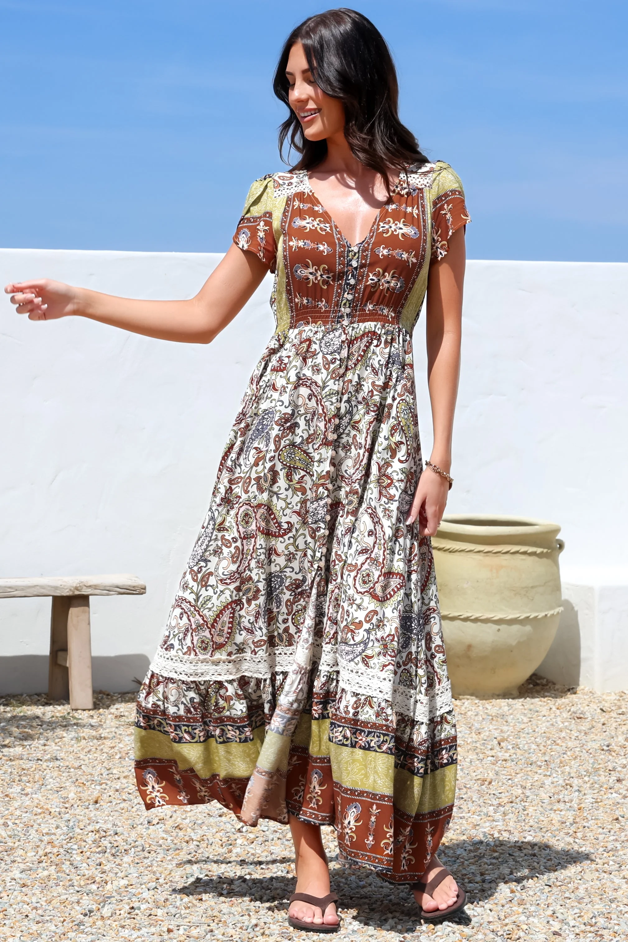 JAASE - Carmen Maxi Dress: Butterfly Cap Sleeve Button Down A Line Dress with Lace Trim in Oakie Print - Image 6