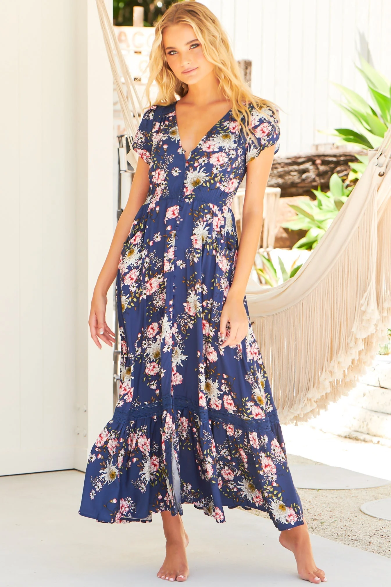 JAASE - Carmen Maxi Dress: Butterfly Cap Sleeve Button Down A Line Dress with Lace Trim in Piana Print - Image 5