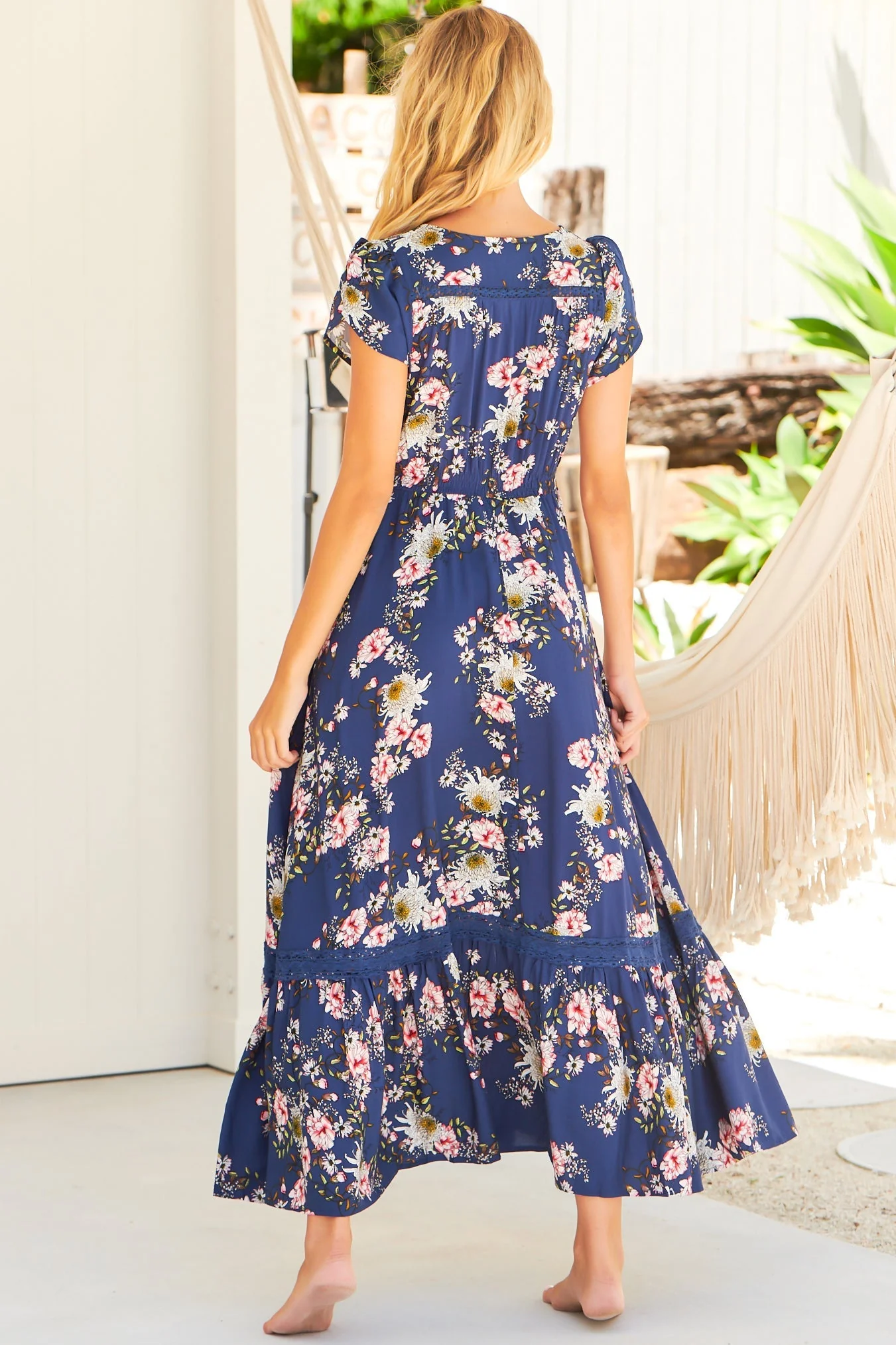 JAASE - Carmen Maxi Dress: Butterfly Cap Sleeve Button Down A Line Dress with Lace Trim in Piana Print - Image 8