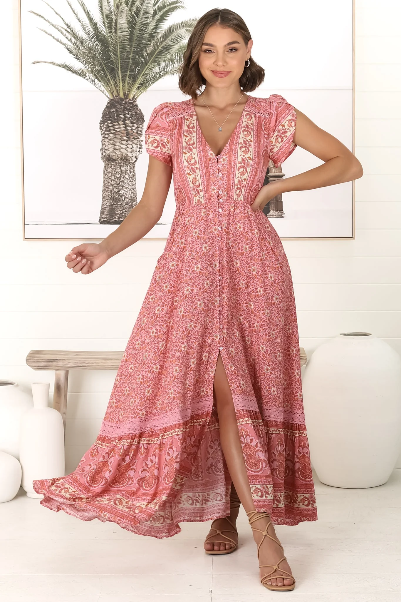 JAASE - Carmen Maxi Dress: Butterfly Cap Sleeve Button Down A Line Dress with Lace Trim in Strawberries and Cream Print - Image 11