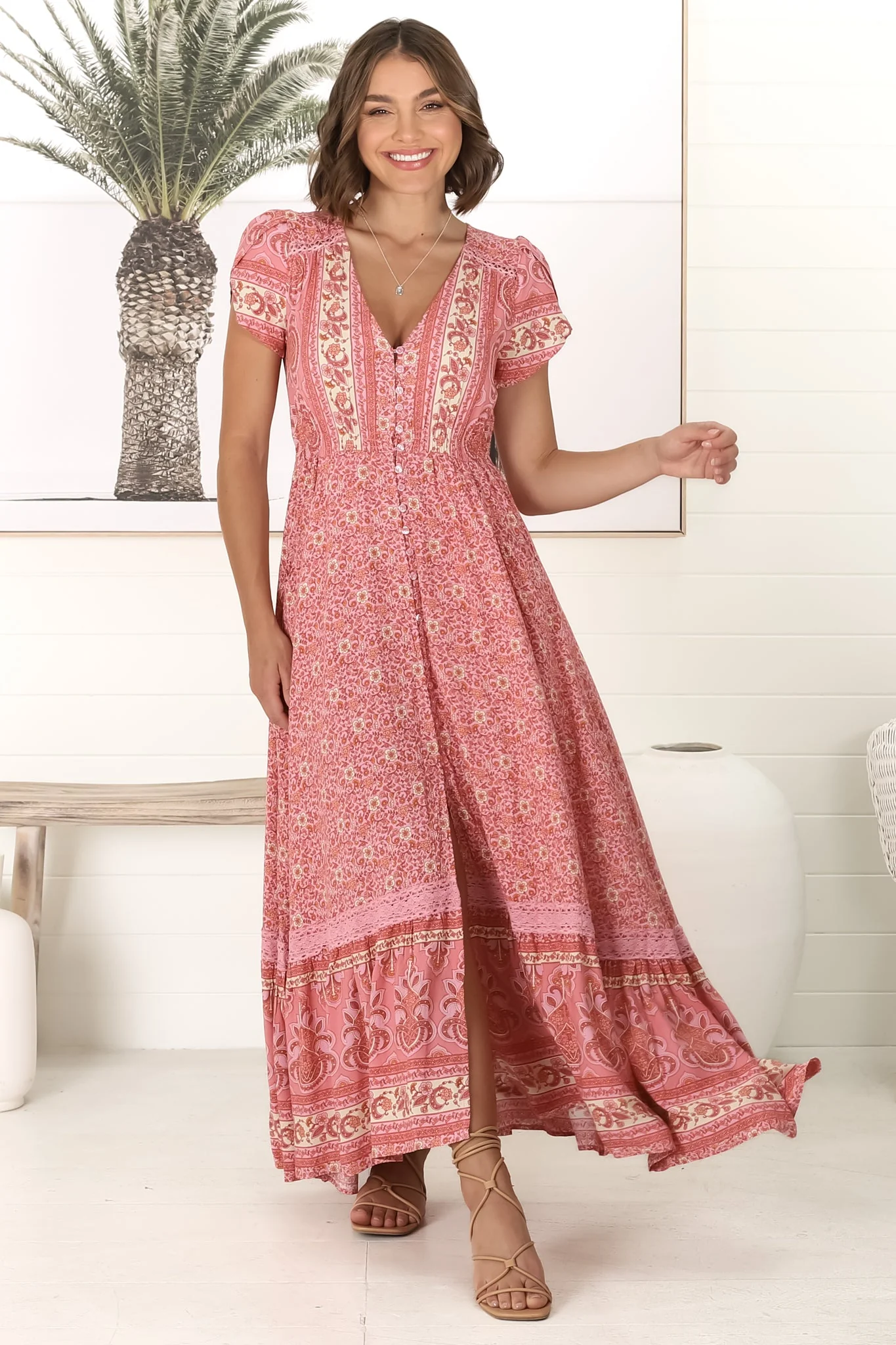 JAASE - Carmen Maxi Dress: Butterfly Cap Sleeve Button Down A Line Dress with Lace Trim in Strawberries and Cream Print - Image 12
