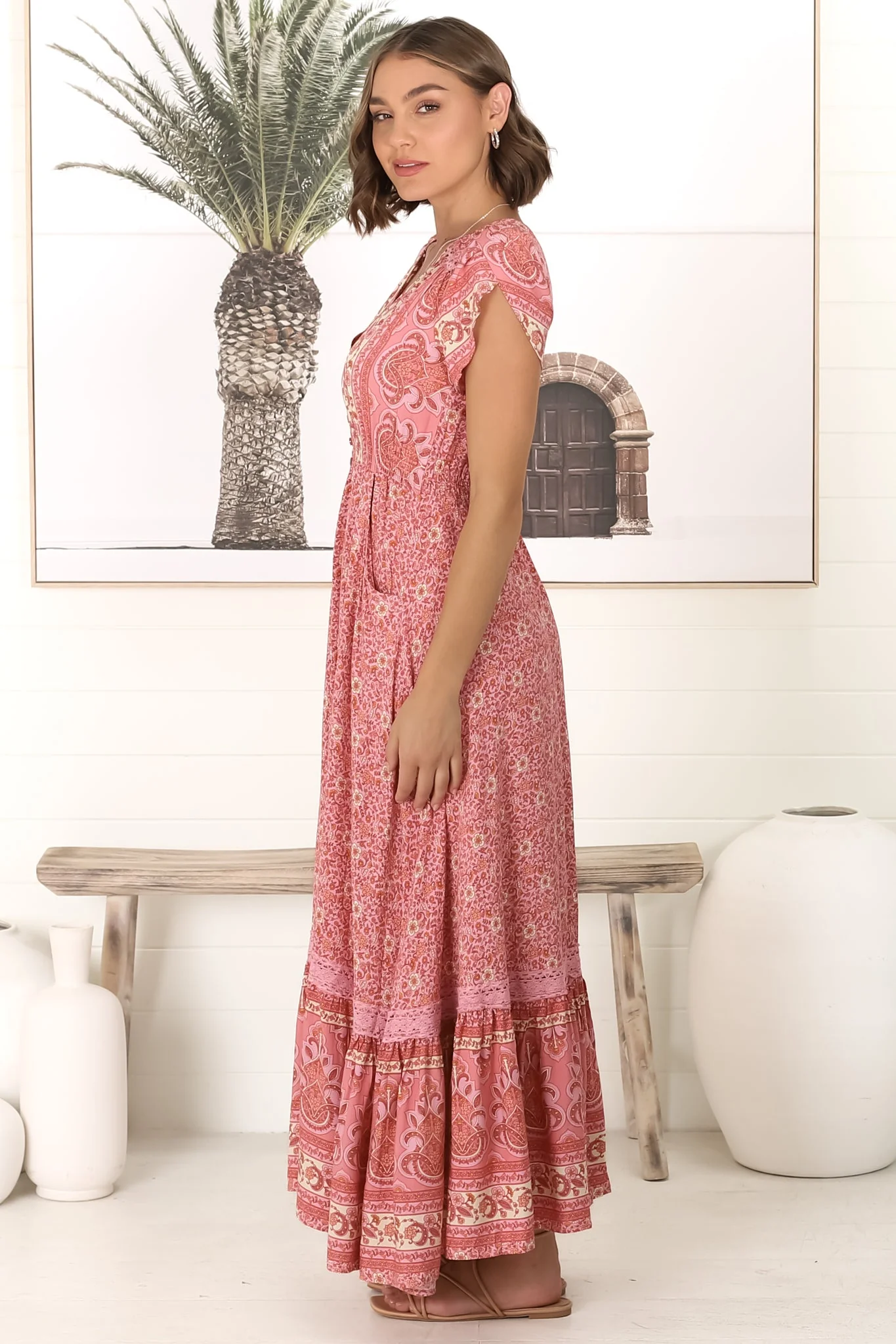 JAASE - Carmen Maxi Dress: Butterfly Cap Sleeve Button Down A Line Dress with Lace Trim in Strawberries and Cream Print - Image 19