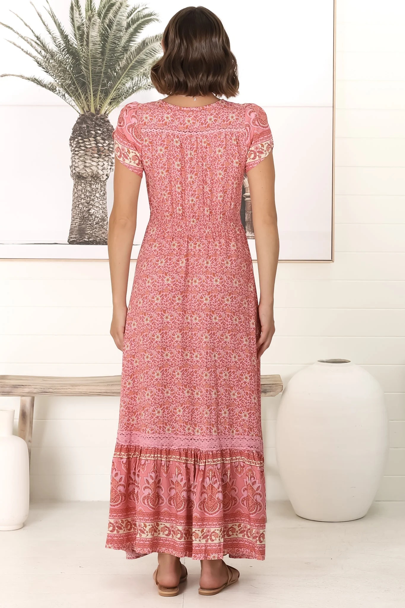 JAASE - Carmen Maxi Dress: Butterfly Cap Sleeve Button Down A Line Dress with Lace Trim in Strawberries and Cream Print - Image 20