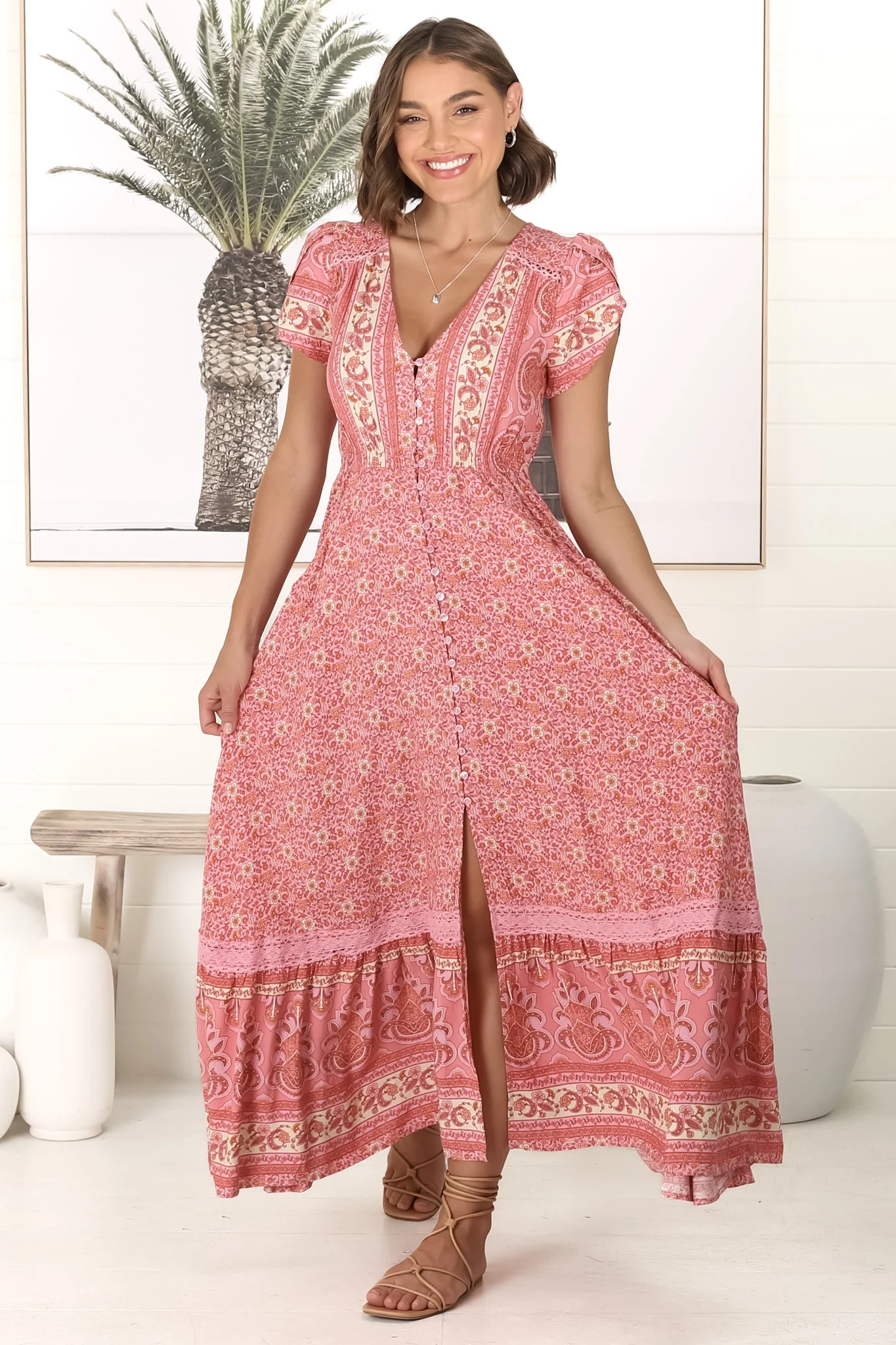 JAASE - Carmen Maxi Dress: Butterfly Cap Sleeve Button Down A Line Dress with Lace Trim in Strawberries and Cream Print - Image 5
