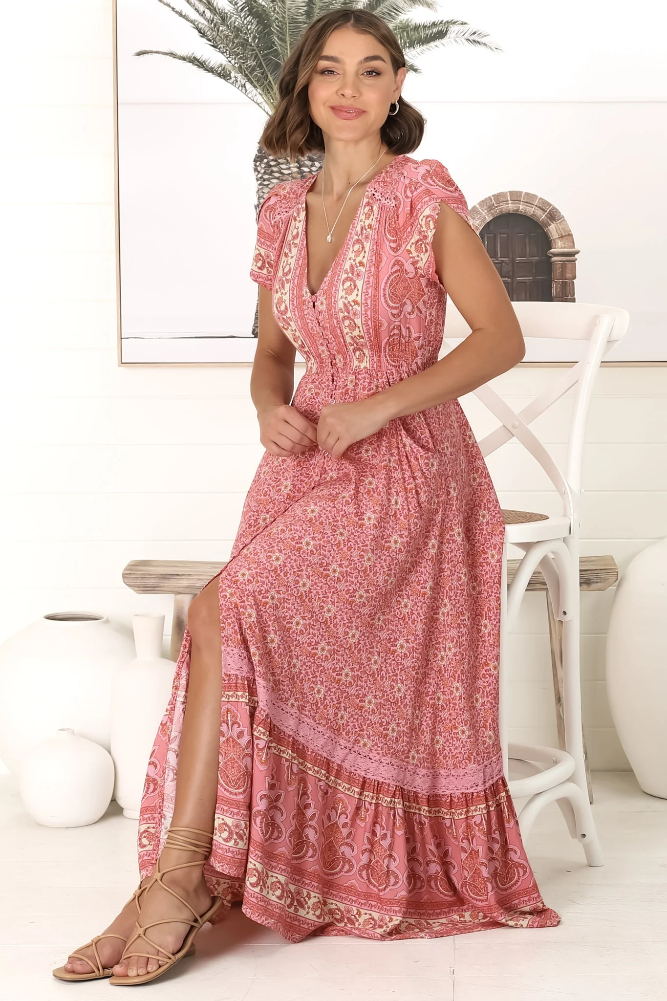 JAASE - Carmen Maxi Dress: Butterfly Cap Sleeve Button Down A Line Dress with Lace Trim in Strawberries and Cream Print - Image 7