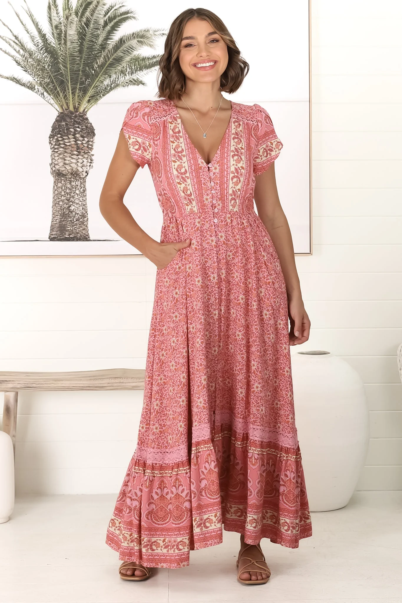 JAASE - Carmen Maxi Dress: Butterfly Cap Sleeve Button Down A Line Dress with Lace Trim in Strawberries and Cream Print - Image 8
