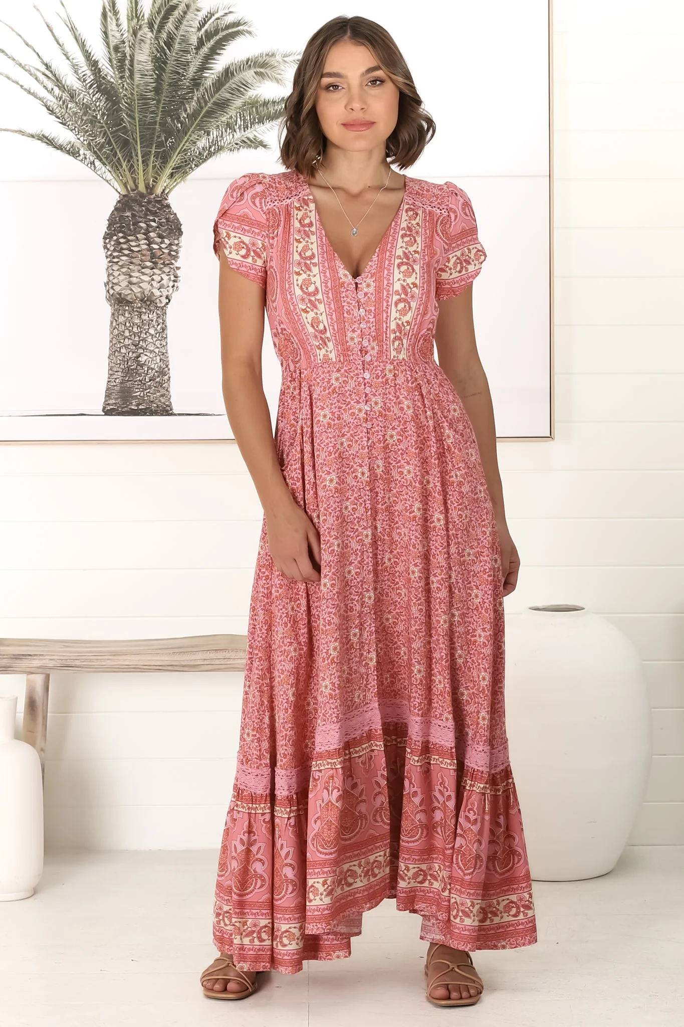 JAASE - Carmen Maxi Dress: Butterfly Cap Sleeve Button Down A Line Dress with Lace Trim in Strawberries and Cream Print - Image 9