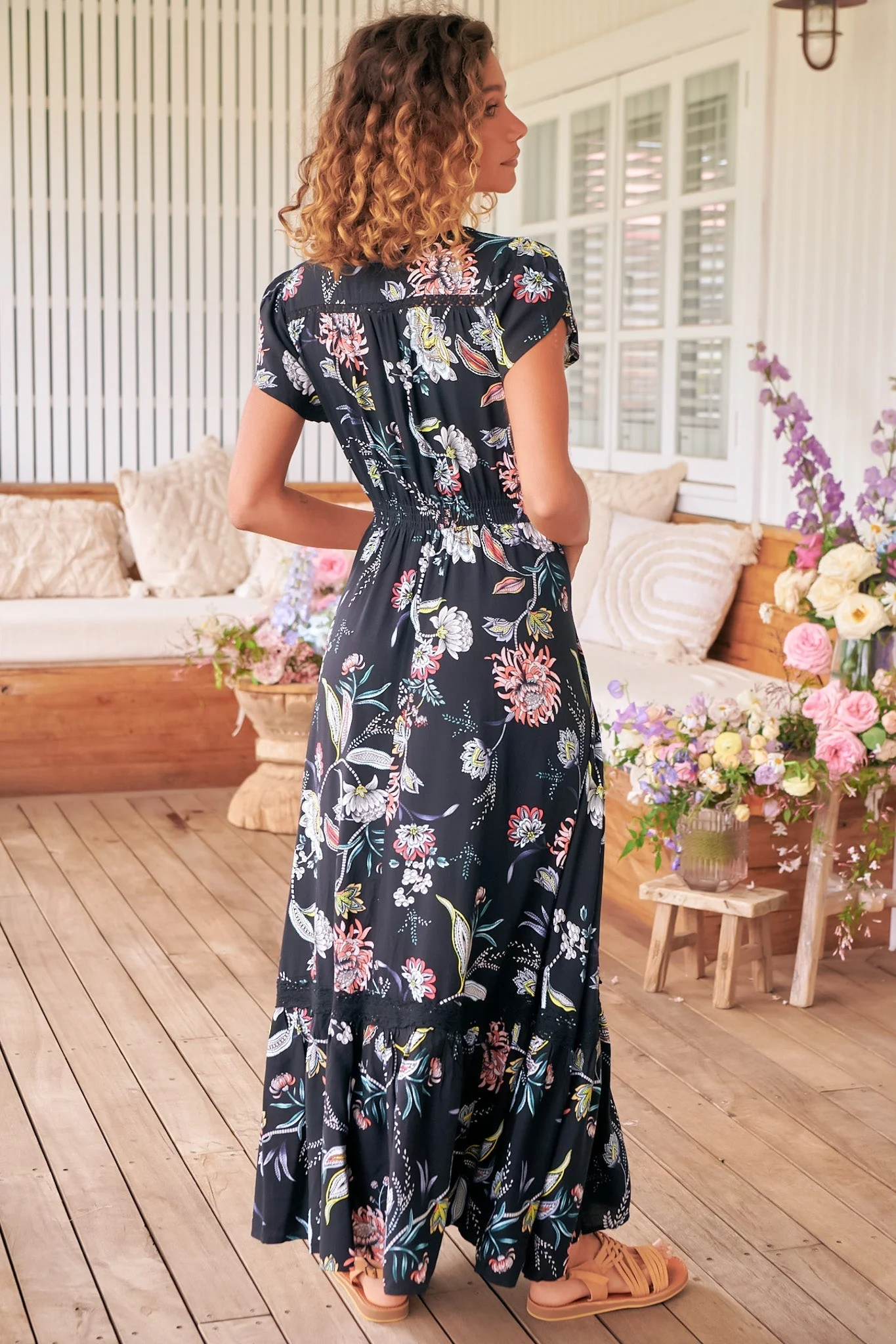 JAASE - Carmen Maxi Dress: Butterfly Cap Sleeve Button Down A Line Dress with Lace Trim in Under the Stars Print - Image 10