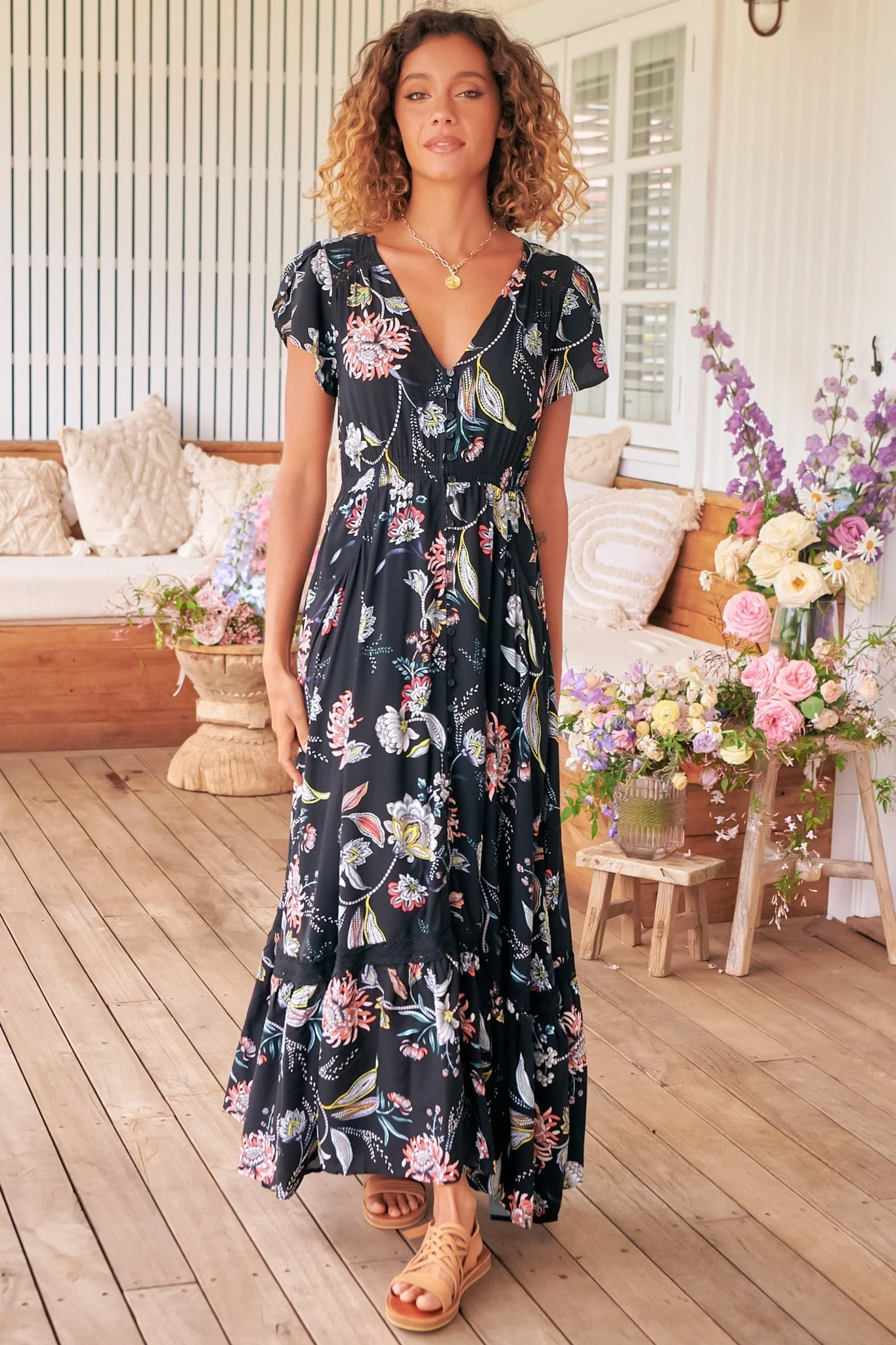 JAASE - Carmen Maxi Dress: Butterfly Cap Sleeve Button Down A Line Dress with Lace Trim in Under the Stars Print - Image 2
