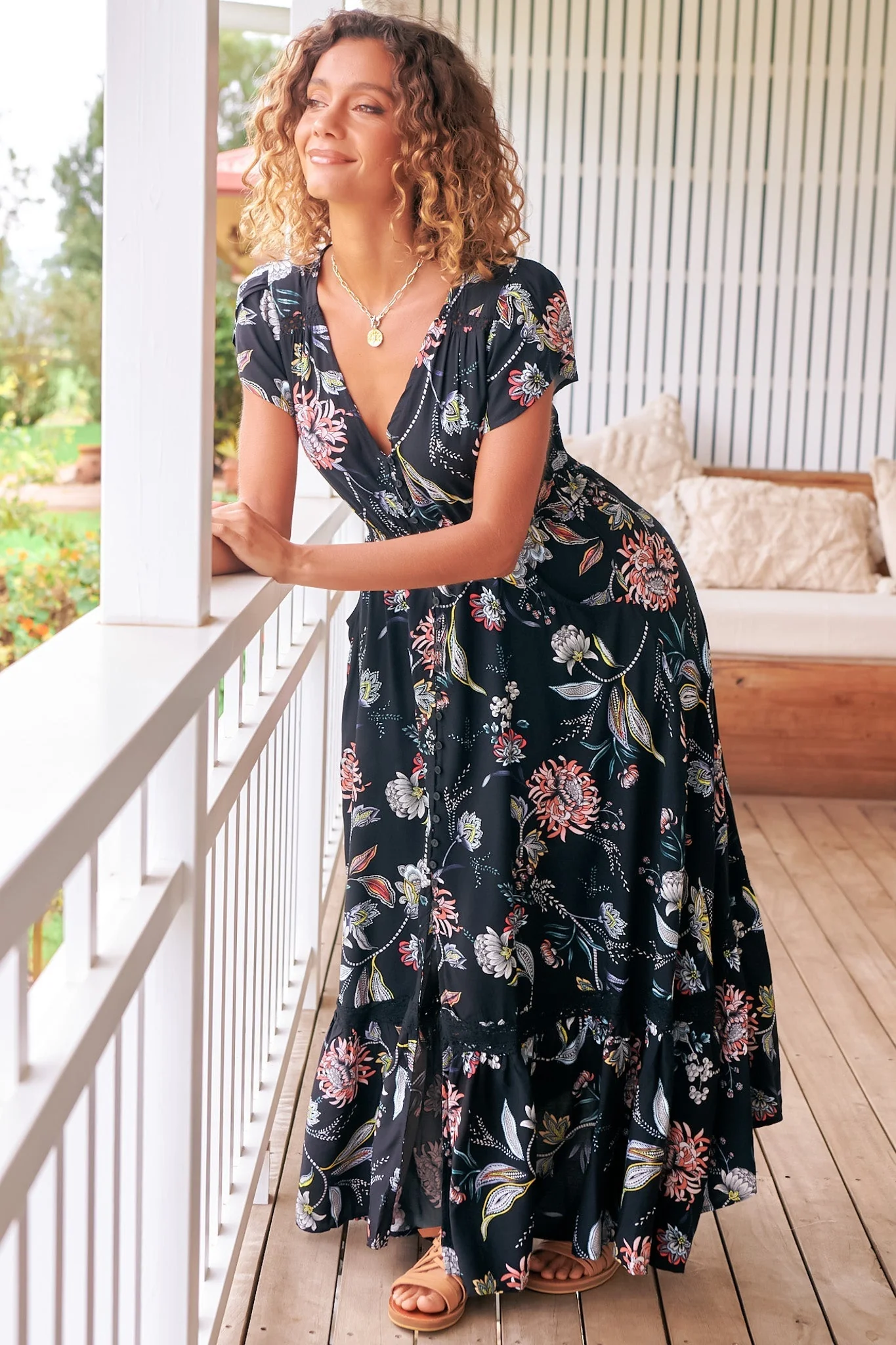 JAASE - Carmen Maxi Dress: Butterfly Cap Sleeve Button Down A Line Dress with Lace Trim in Under the Stars Print - Image 3