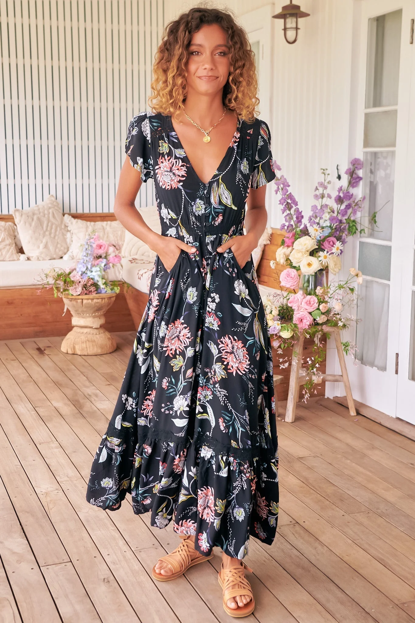 JAASE - Carmen Maxi Dress: Butterfly Cap Sleeve Button Down A Line Dress with Lace Trim in Under the Stars Print - Image 4