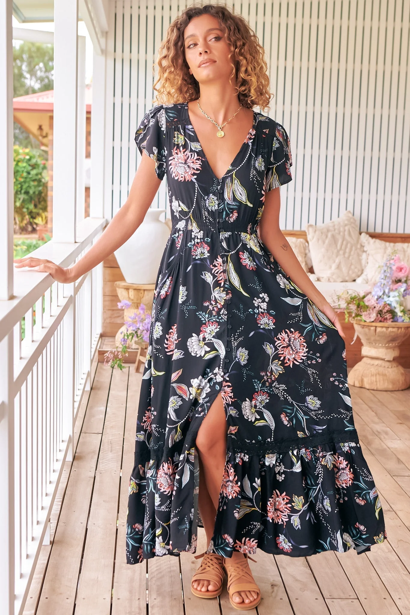 JAASE - Carmen Maxi Dress: Butterfly Cap Sleeve Button Down A Line Dress with Lace Trim in Under the Stars Print - Image 5