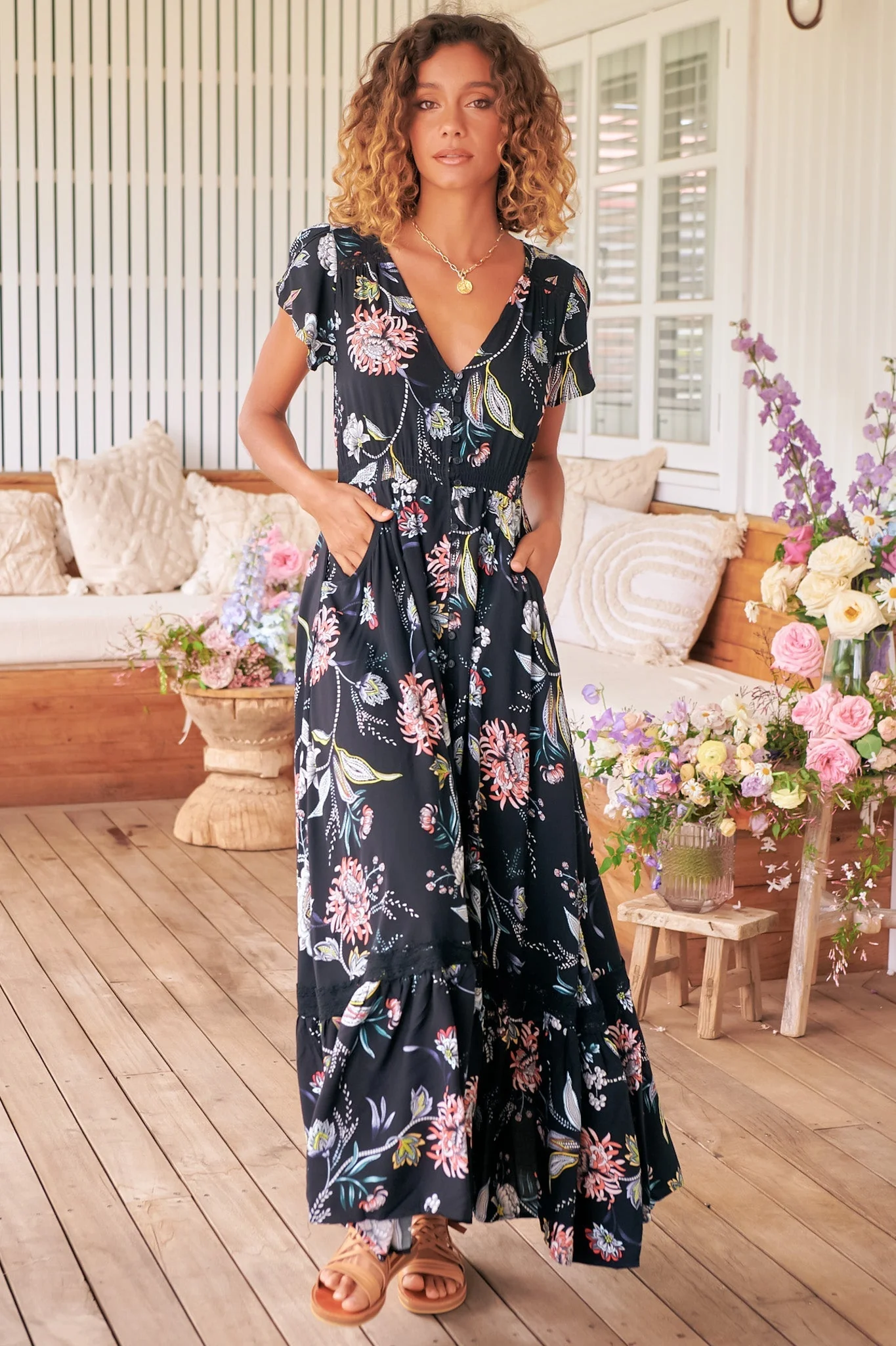 JAASE - Carmen Maxi Dress: Butterfly Cap Sleeve Button Down A Line Dress with Lace Trim in Under the Stars Print - Image 6