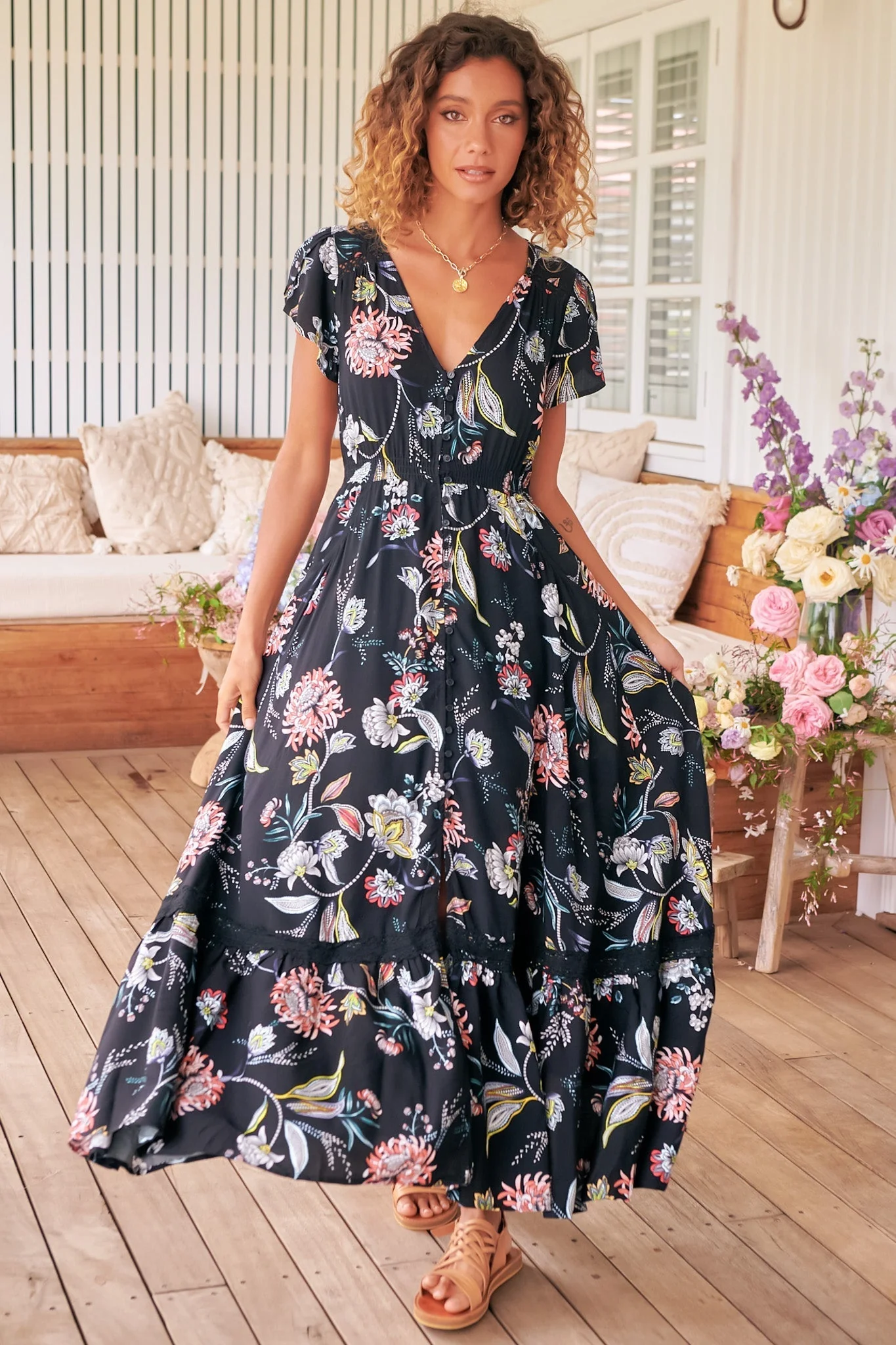 JAASE - Carmen Maxi Dress: Butterfly Cap Sleeve Button Down A Line Dress with Lace Trim in Under the Stars Print - Image 7
