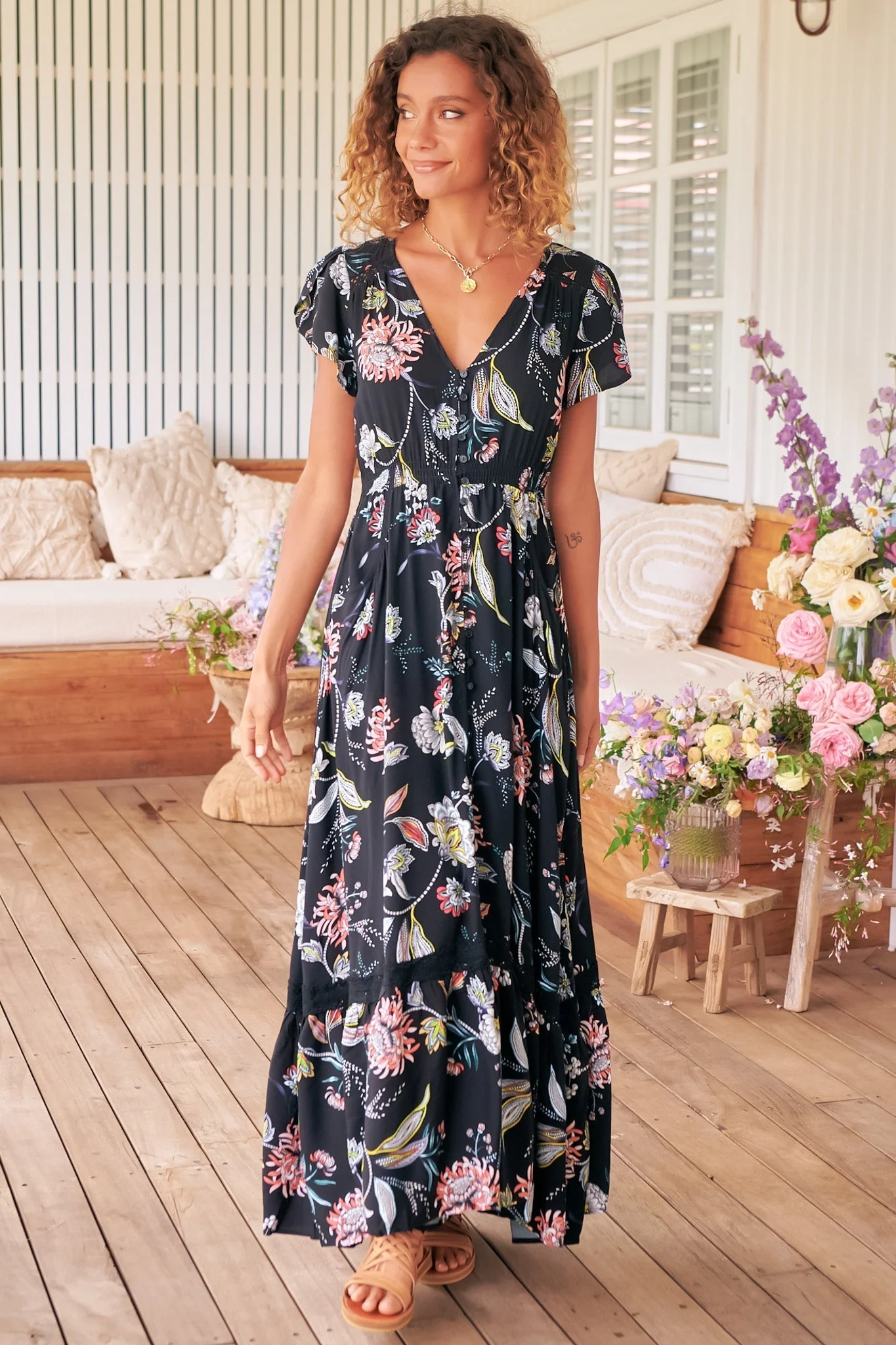 JAASE - Carmen Maxi Dress: Butterfly Cap Sleeve Button Down A Line Dress with Lace Trim in Under the Stars Print - Image 8